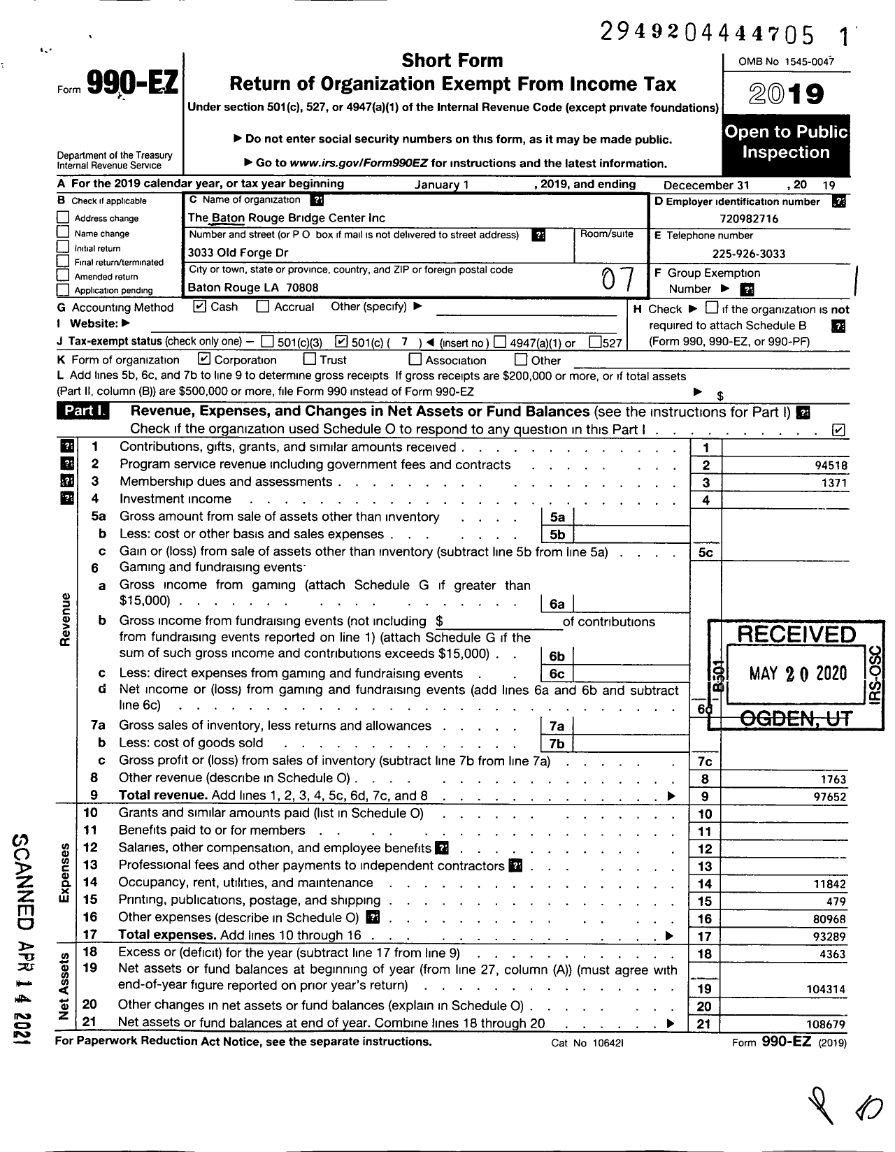 Image of first page of 2019 Form 990EO for The Baton Rouge Bridge Center