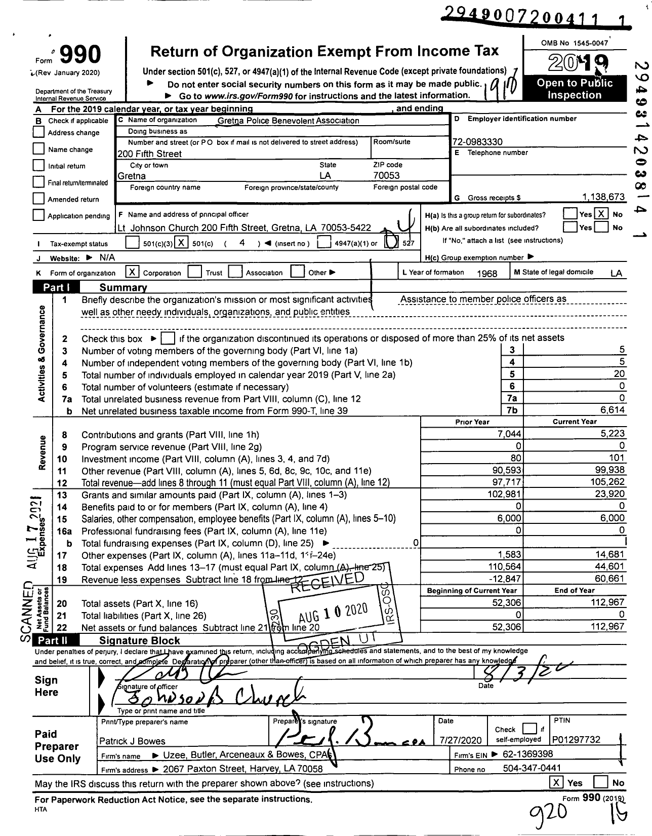 Image of first page of 2019 Form 990O for Gretna Police Benevolent Association