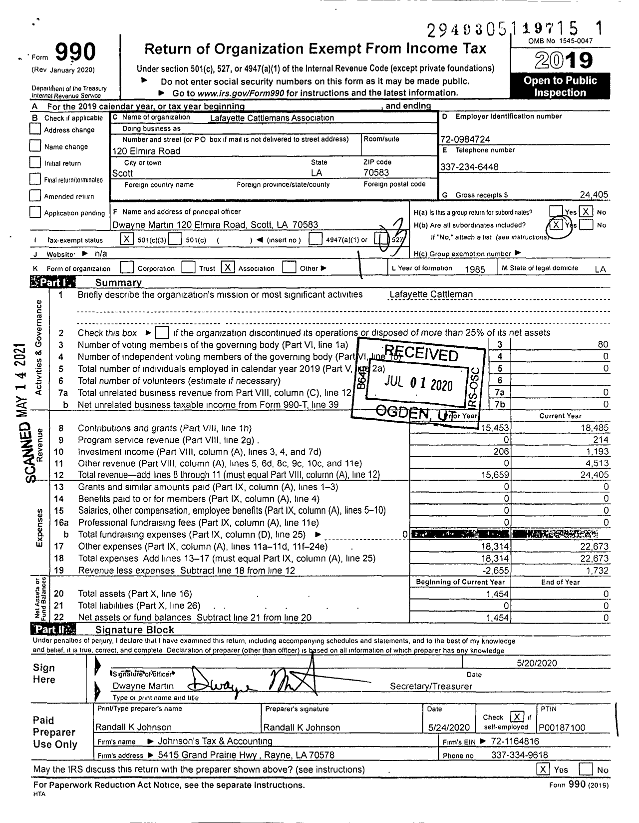 Image of first page of 2019 Form 990 for Lafayette Cattlemans Association