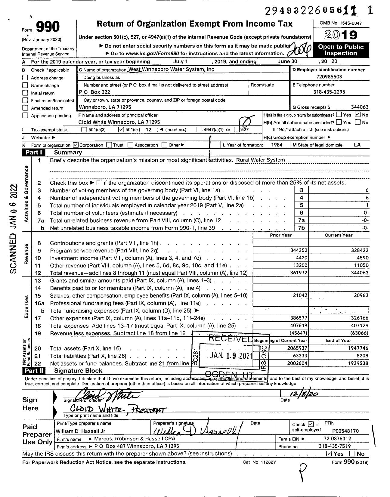 Image of first page of 2019 Form 990O for West Winnsboro Water System