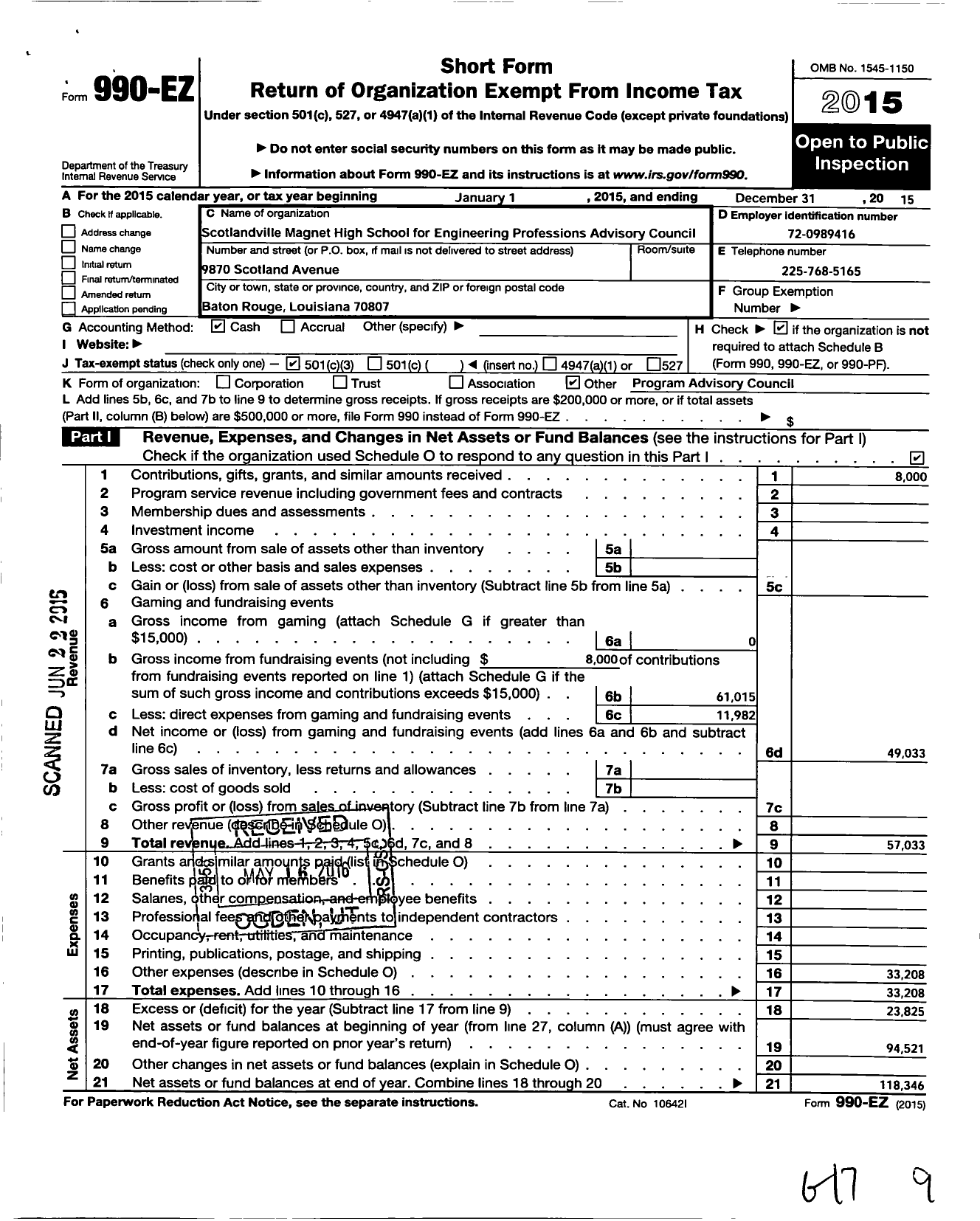 Image of first page of 2015 Form 990EZ for Advisory Council for High School for Engineering Professions at Sco