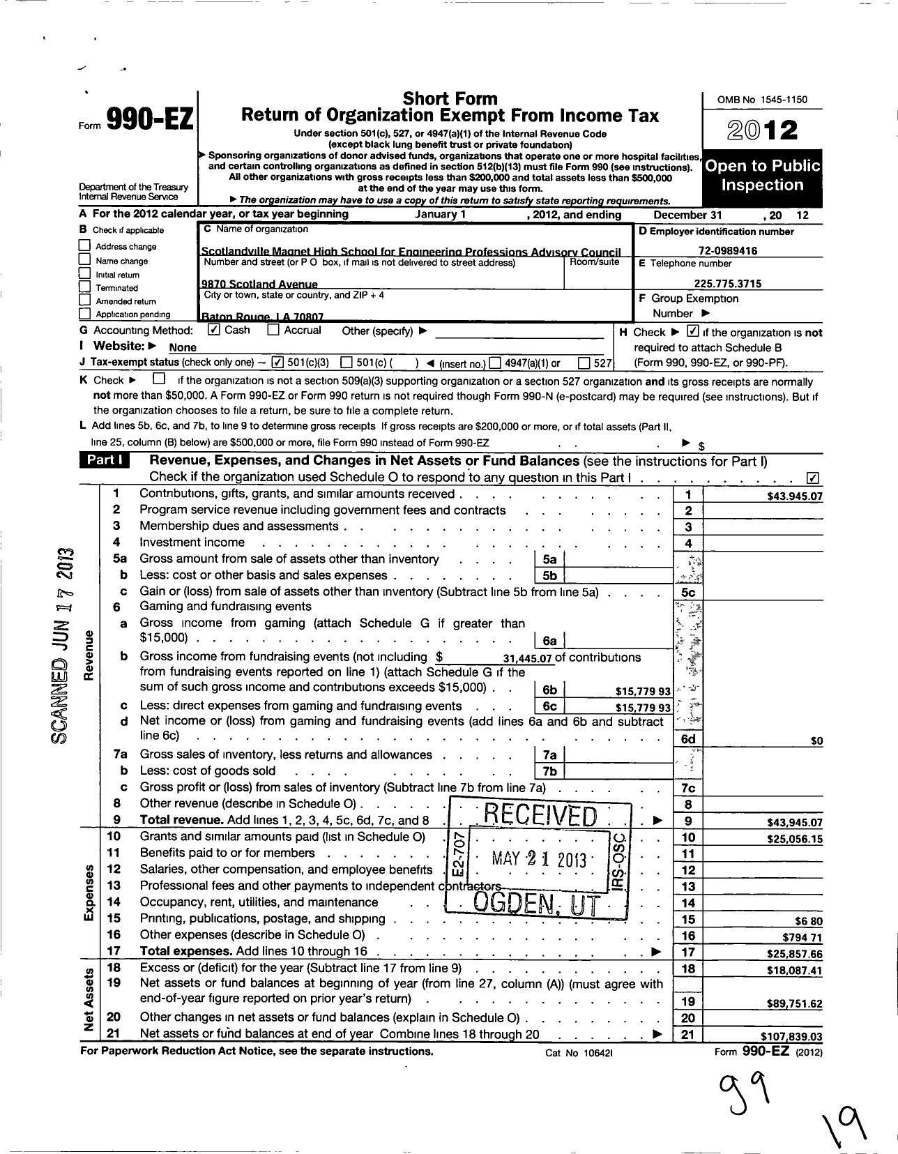 Image of first page of 2012 Form 990EZ for Advisory Council for High School for Engineering Professions at Sco