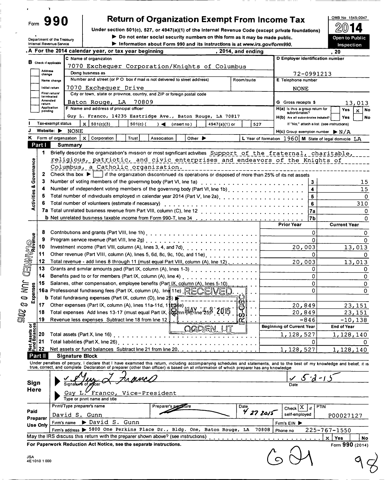 Image of first page of 2014 Form 990 for 7070 Exchequer Corporationknights of Columbus