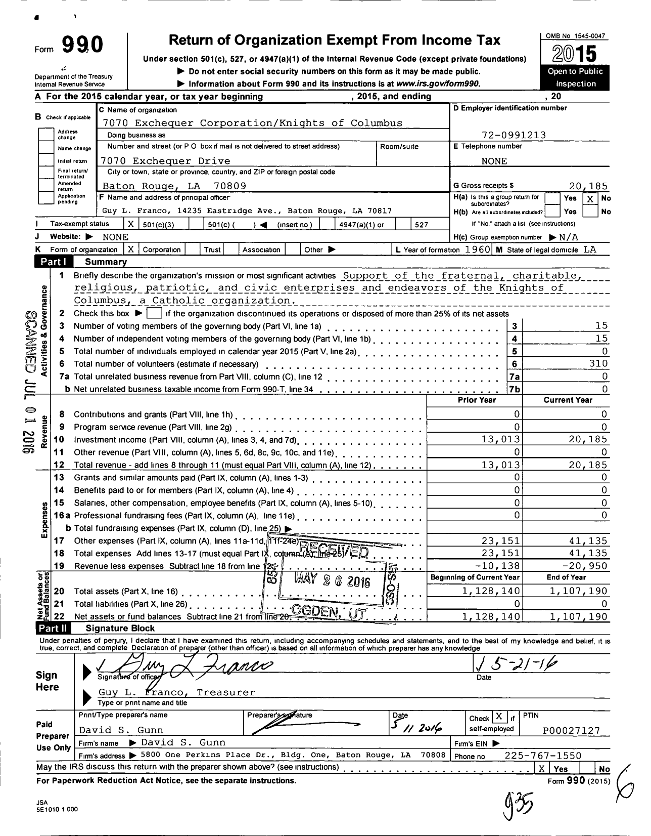 Image of first page of 2015 Form 990 for 7070 Exchequer Corporationknights of Columbus