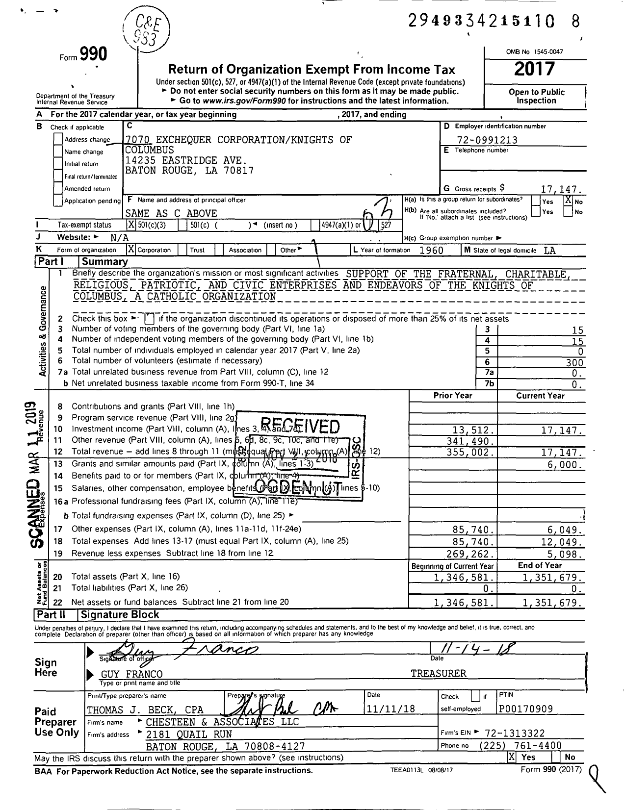 Image of first page of 2017 Form 990 for 7070 Exchequer Corporationknights of Columbus