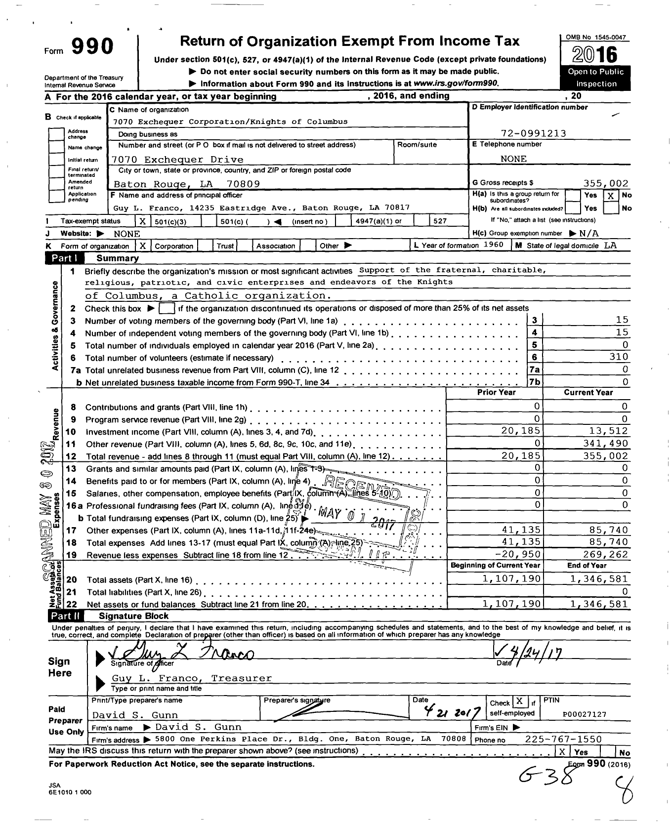 Image of first page of 2016 Form 990 for 7070 Exchequer Corporationknights of Columbus