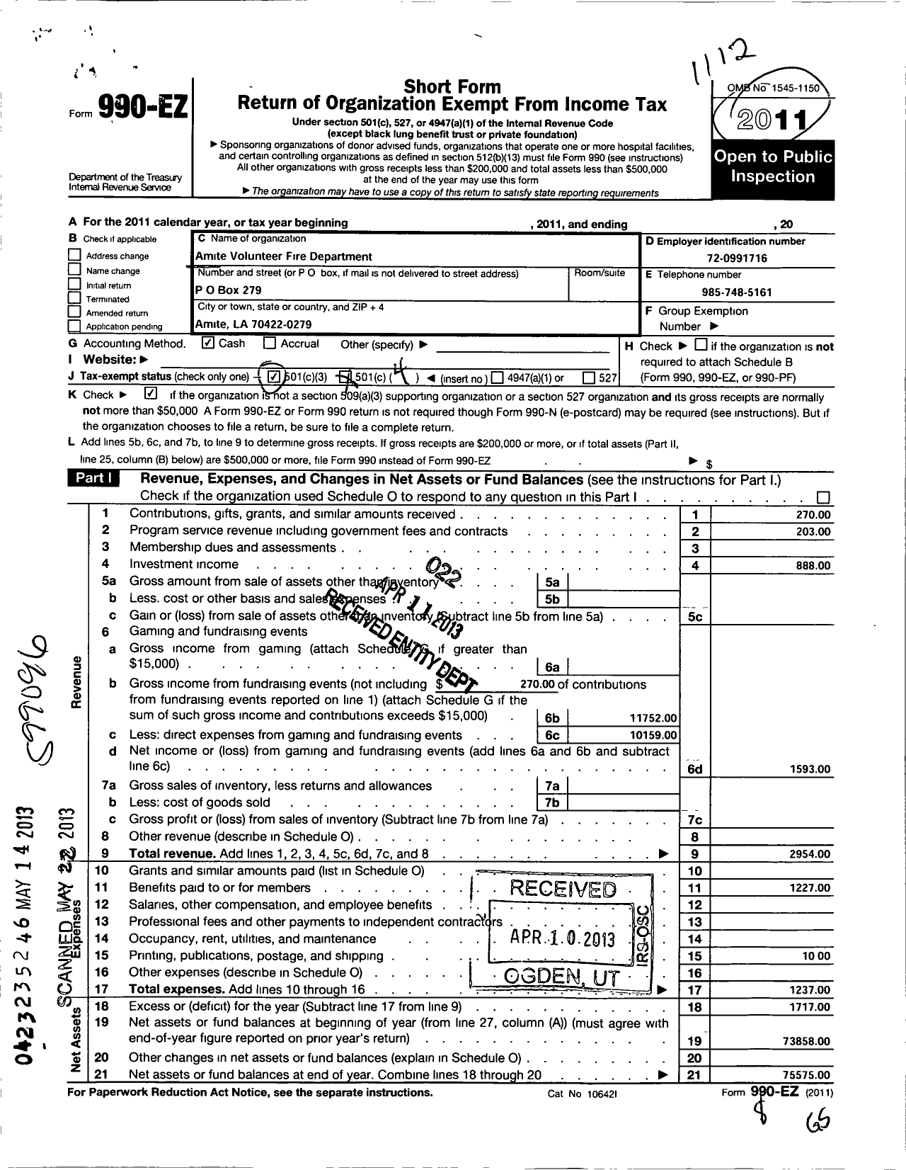 Image of first page of 2011 Form 990EO for Amite Volunteer Fire Department