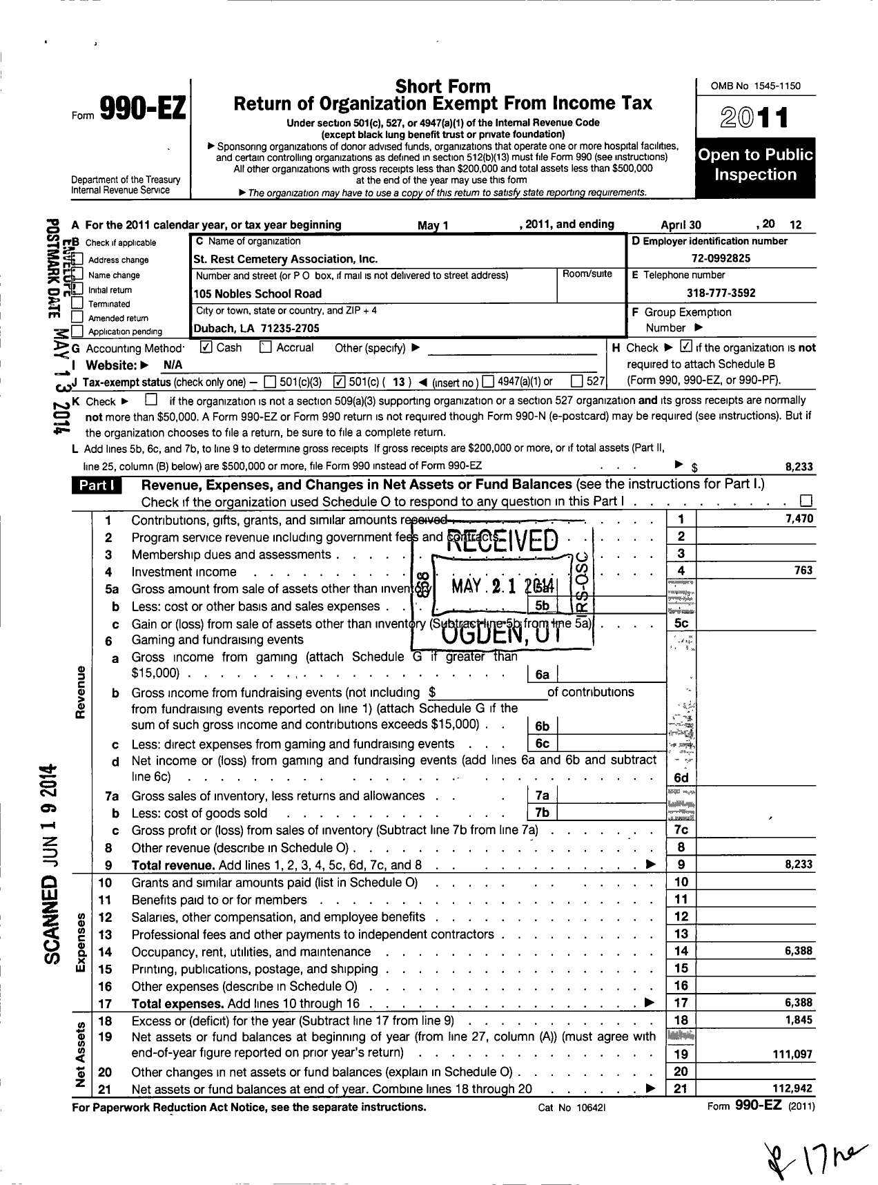 Image of first page of 2011 Form 990EO for St Rest Cemetery Association