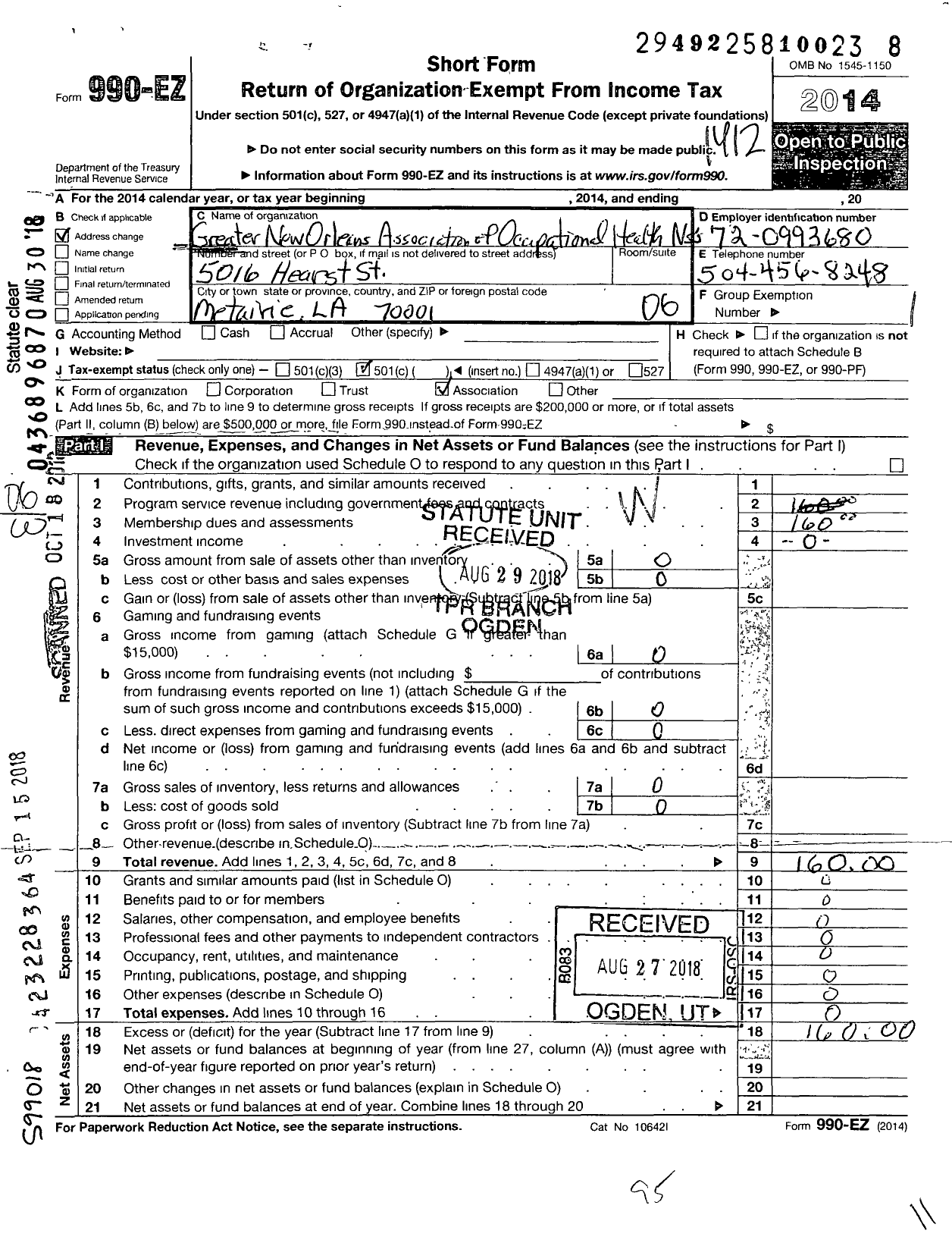 Image of first page of 2014 Form 990EO for Greater New Orleans Association of Occupational Health Nurses