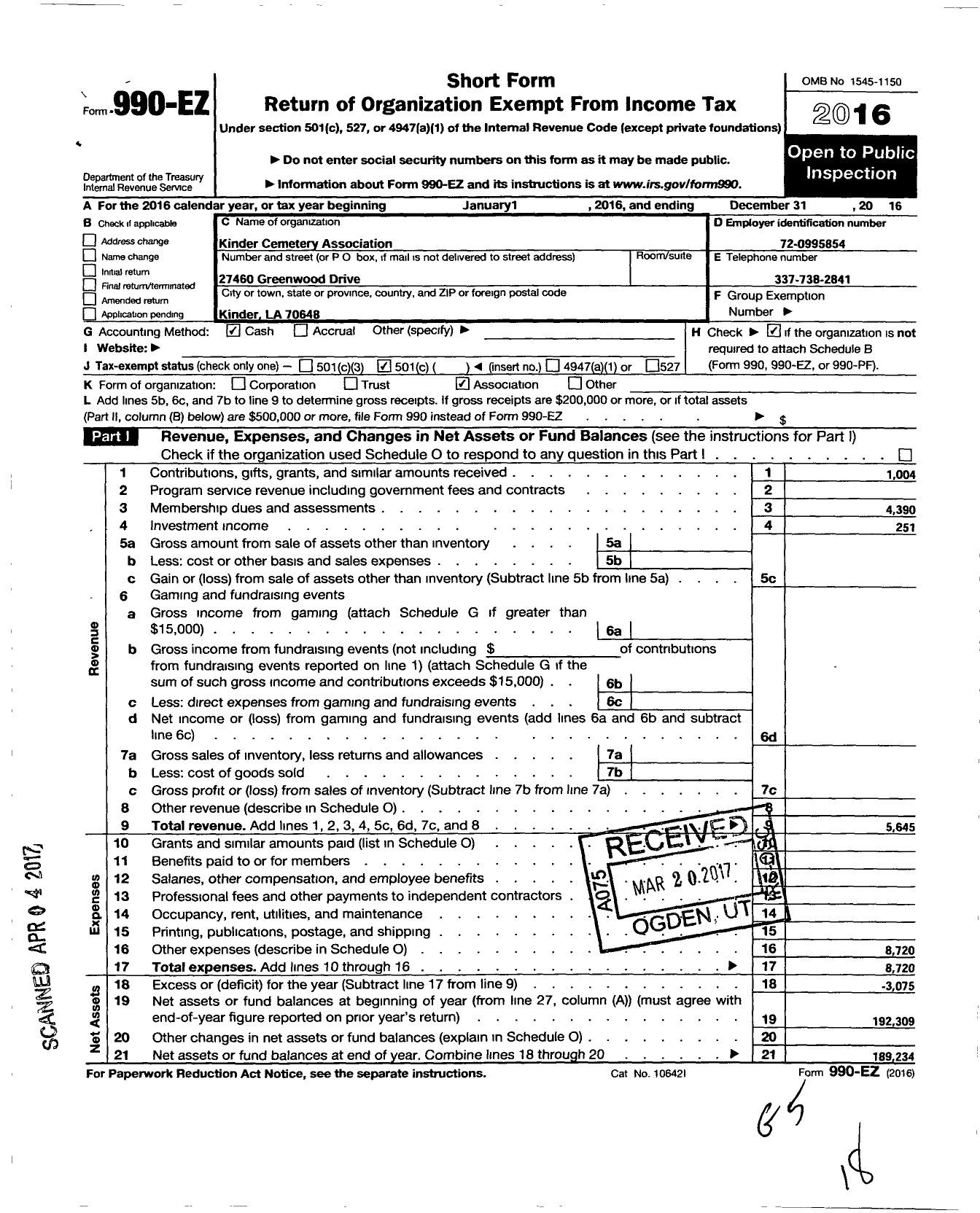 Image of first page of 2016 Form 990EO for Kinder Cemetery Association