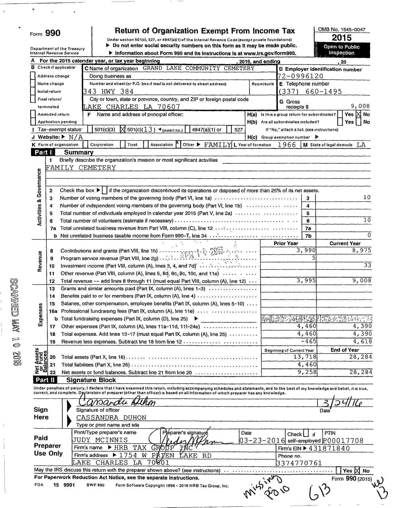 Image of first page of 2015 Form 990O for Grand Lake Community Cemetary