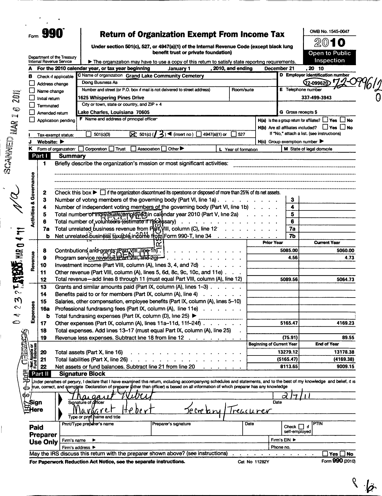 Image of first page of 2009 Form 990O for Grand Lake Community Cemetary