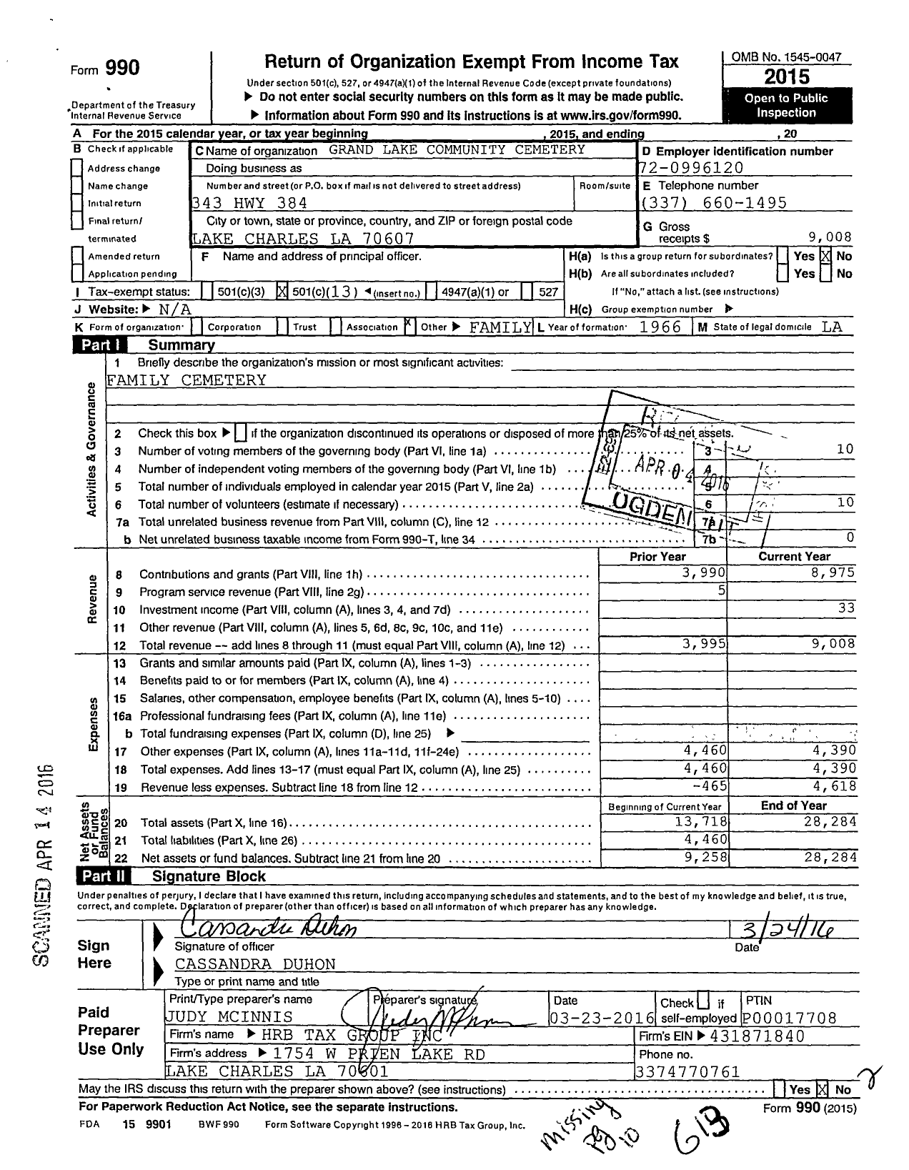 Image of first page of 2015 Form 990O for Grand Lake Community Cemetary