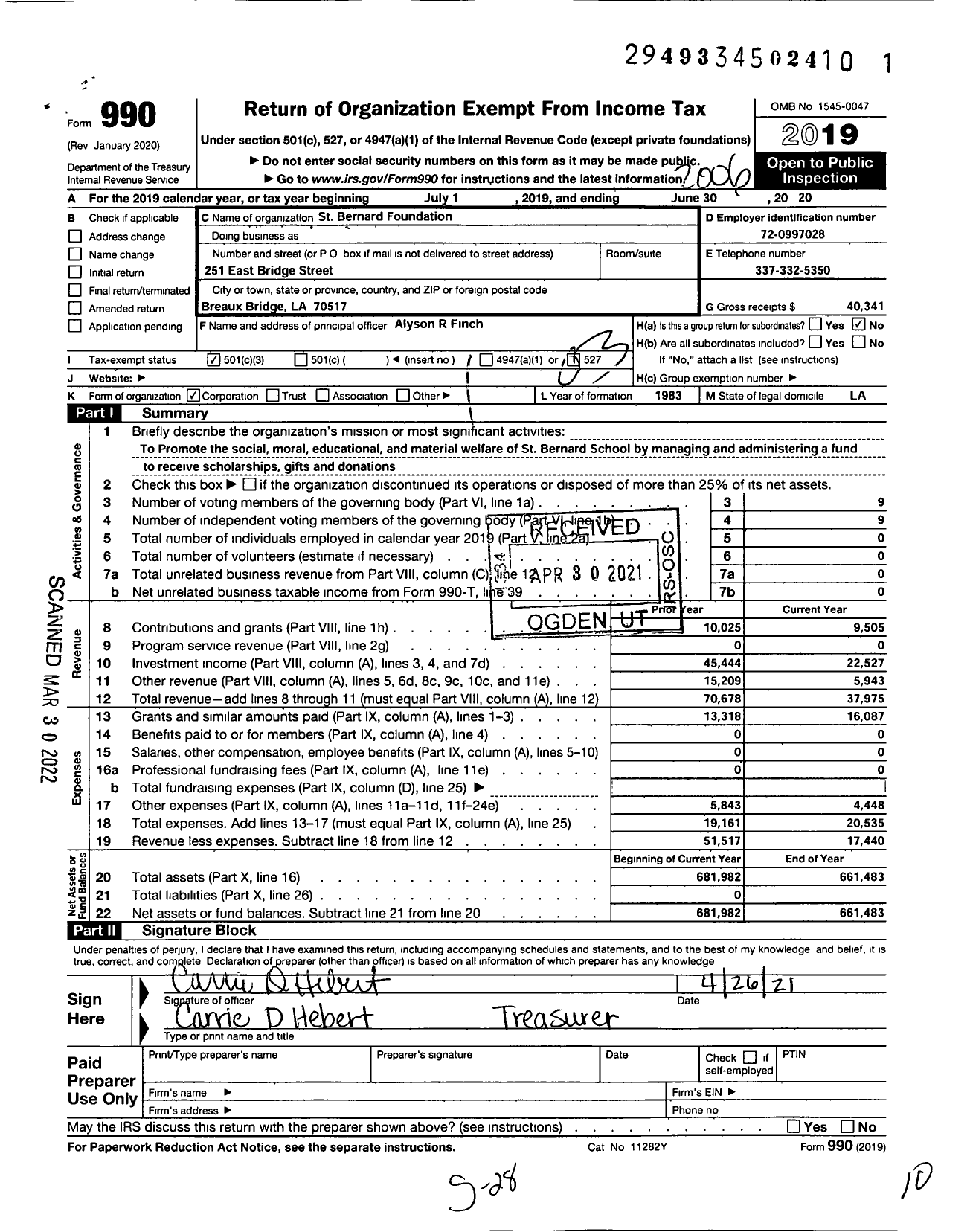 Image of first page of 2019 Form 990 for St Bernard School Foundation