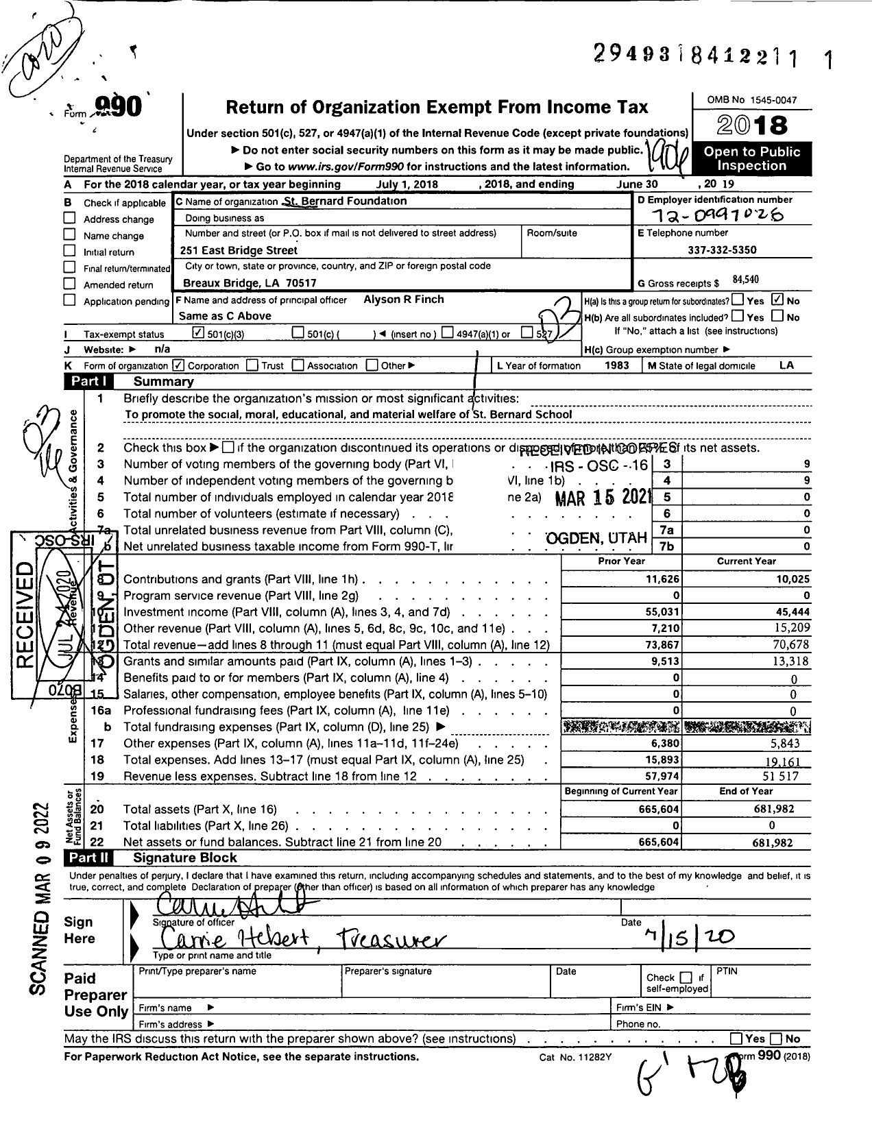 Image of first page of 2018 Form 990 for St Bernard School Foundation