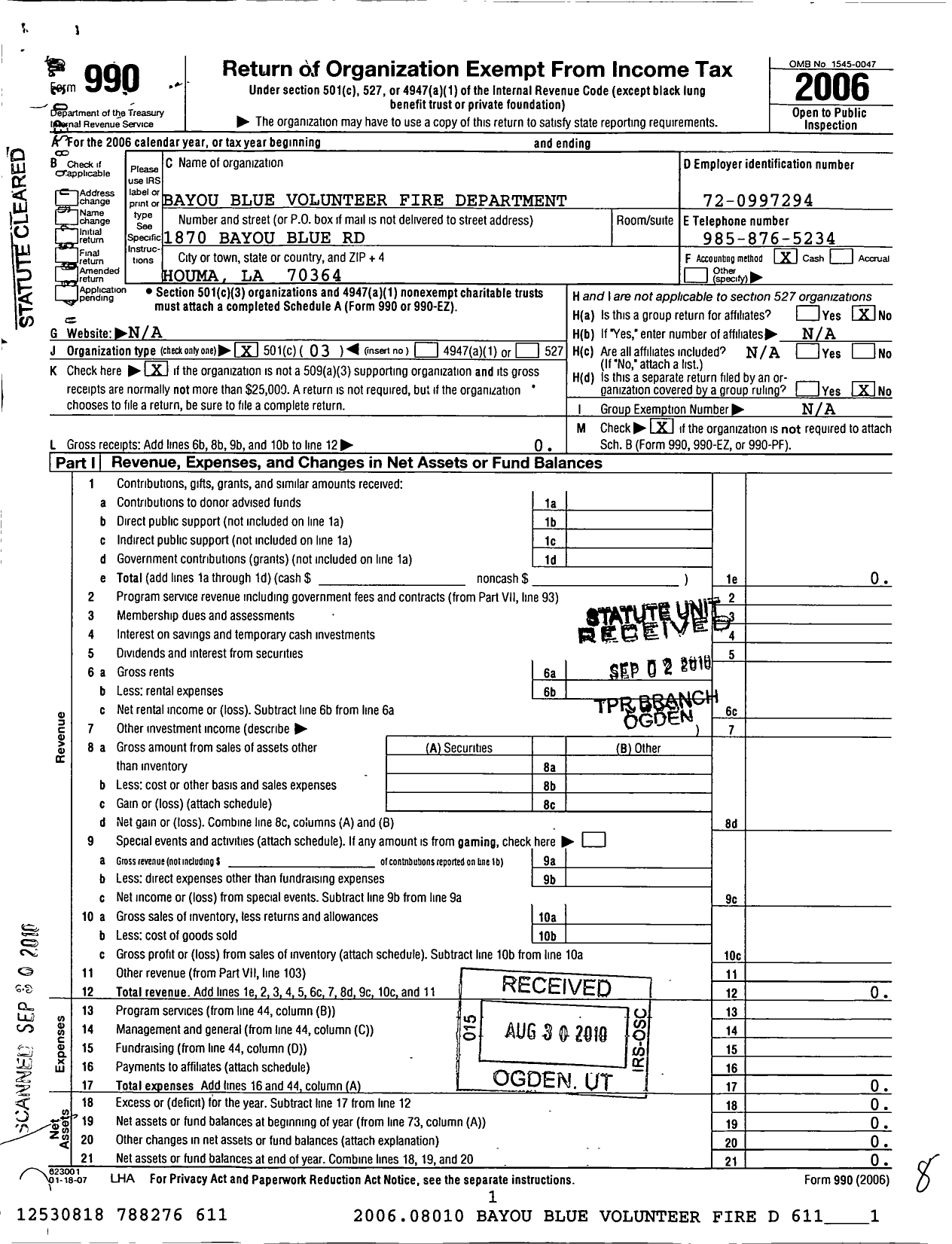 Image of first page of 2006 Form 990 for Bayou Blue Volunteer Fire Company