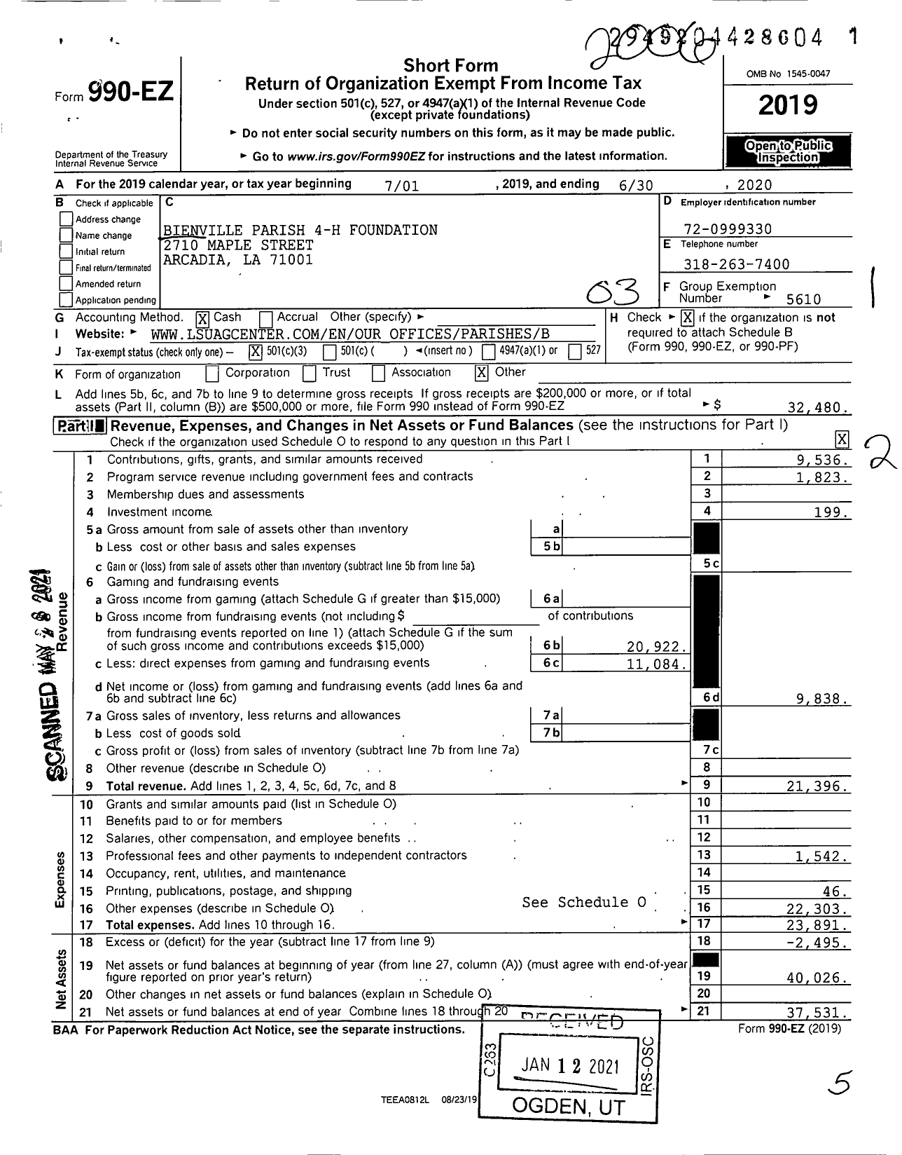 Image of first page of 2019 Form 990EZ for Louisiana 4-H Foundation Bienville 4-H Foundation