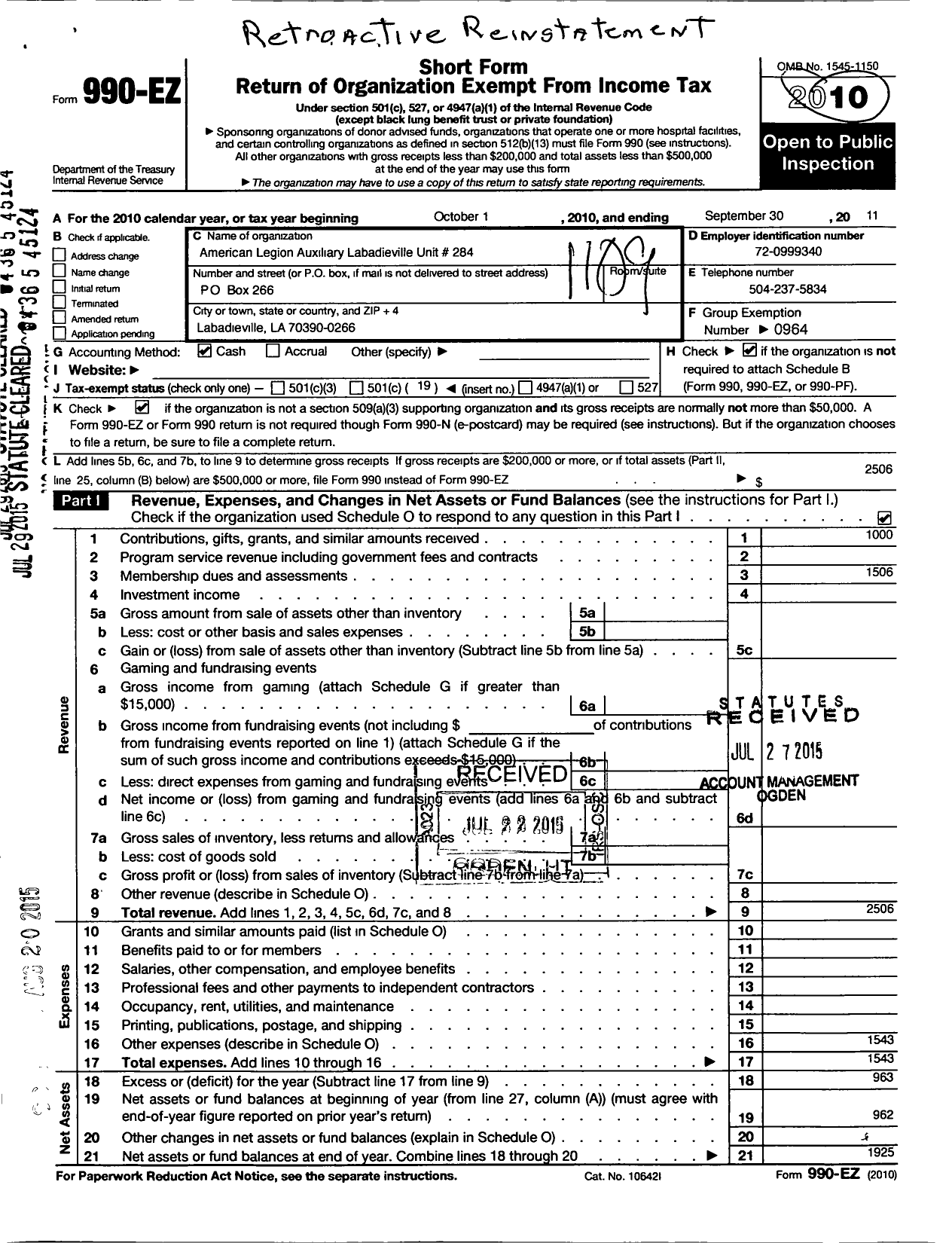 Image of first page of 2010 Form 990EO for American Legion Auxiliary Labadieville Unit No 284 Departmen