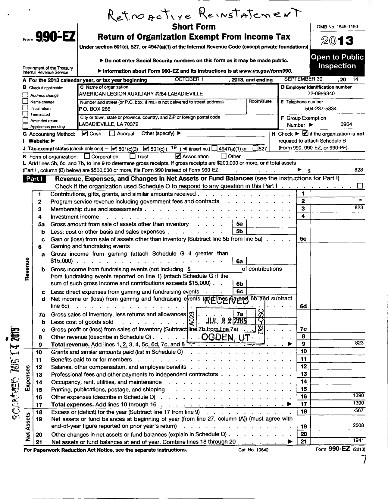 Image of first page of 2013 Form 990EO for American Legion Auxiliary Labadieville Unit No 284 Departmen