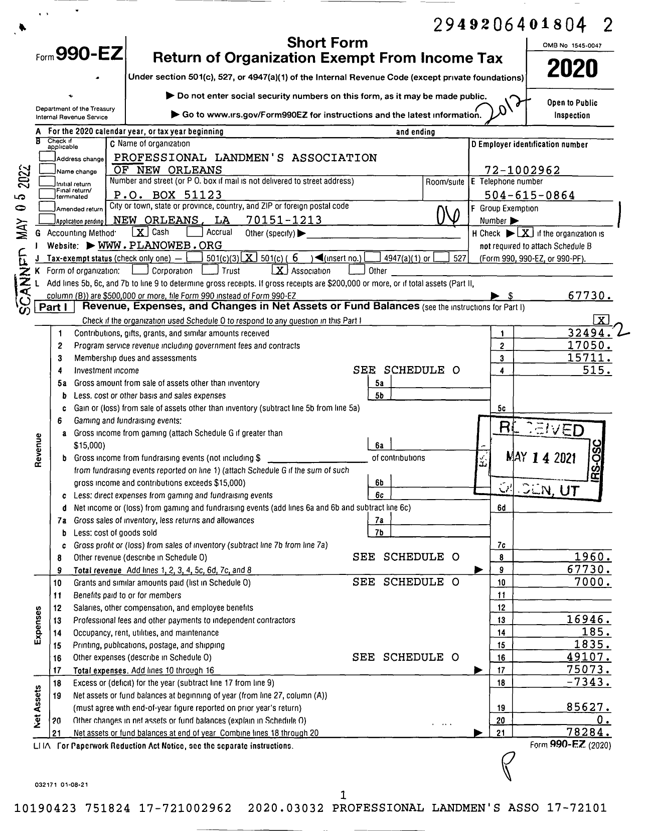 Image of first page of 2020 Form 990EO for Professional Landmens Association of New Orleans