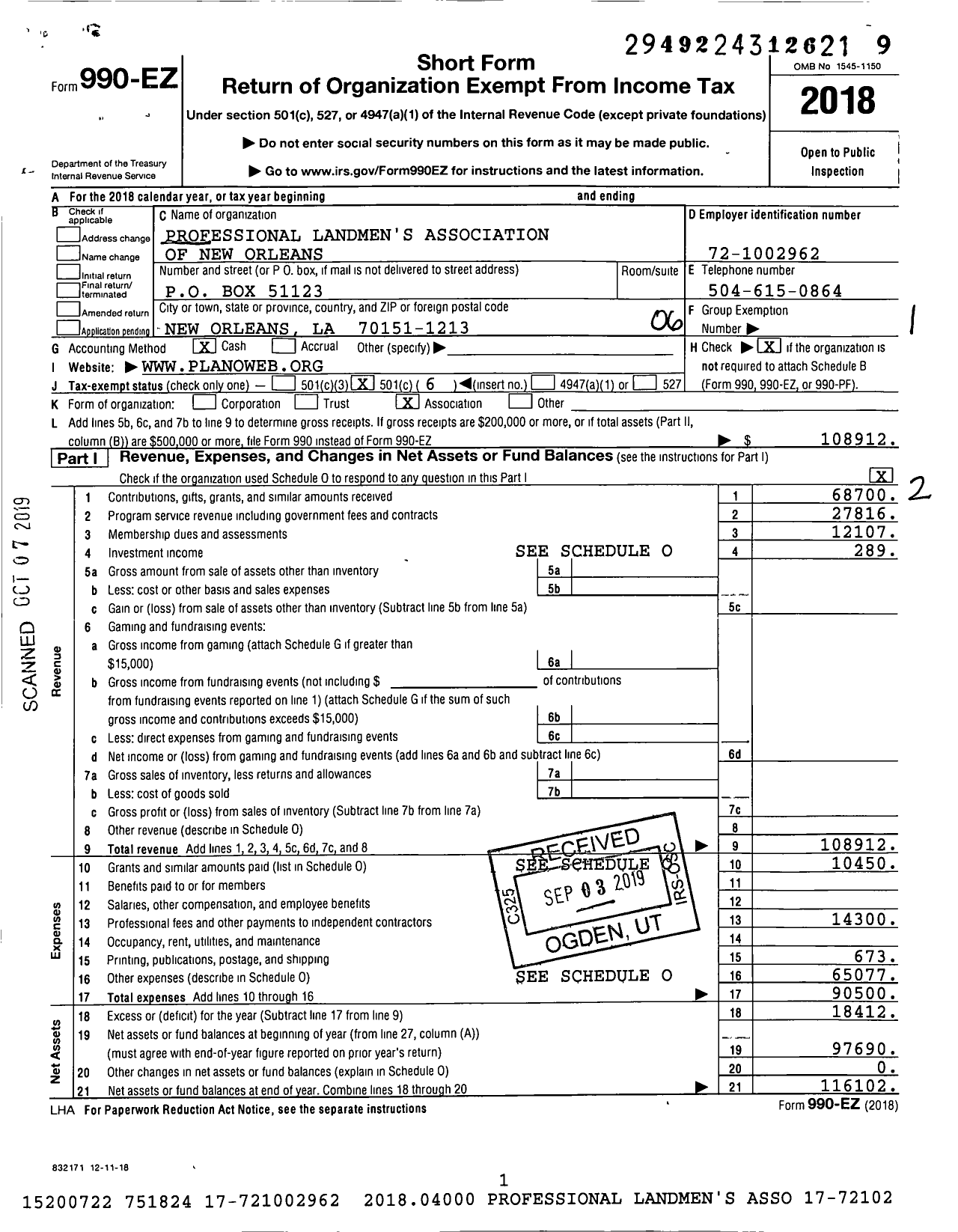 Image of first page of 2018 Form 990EO for Professional Landmens Association of New Orleans