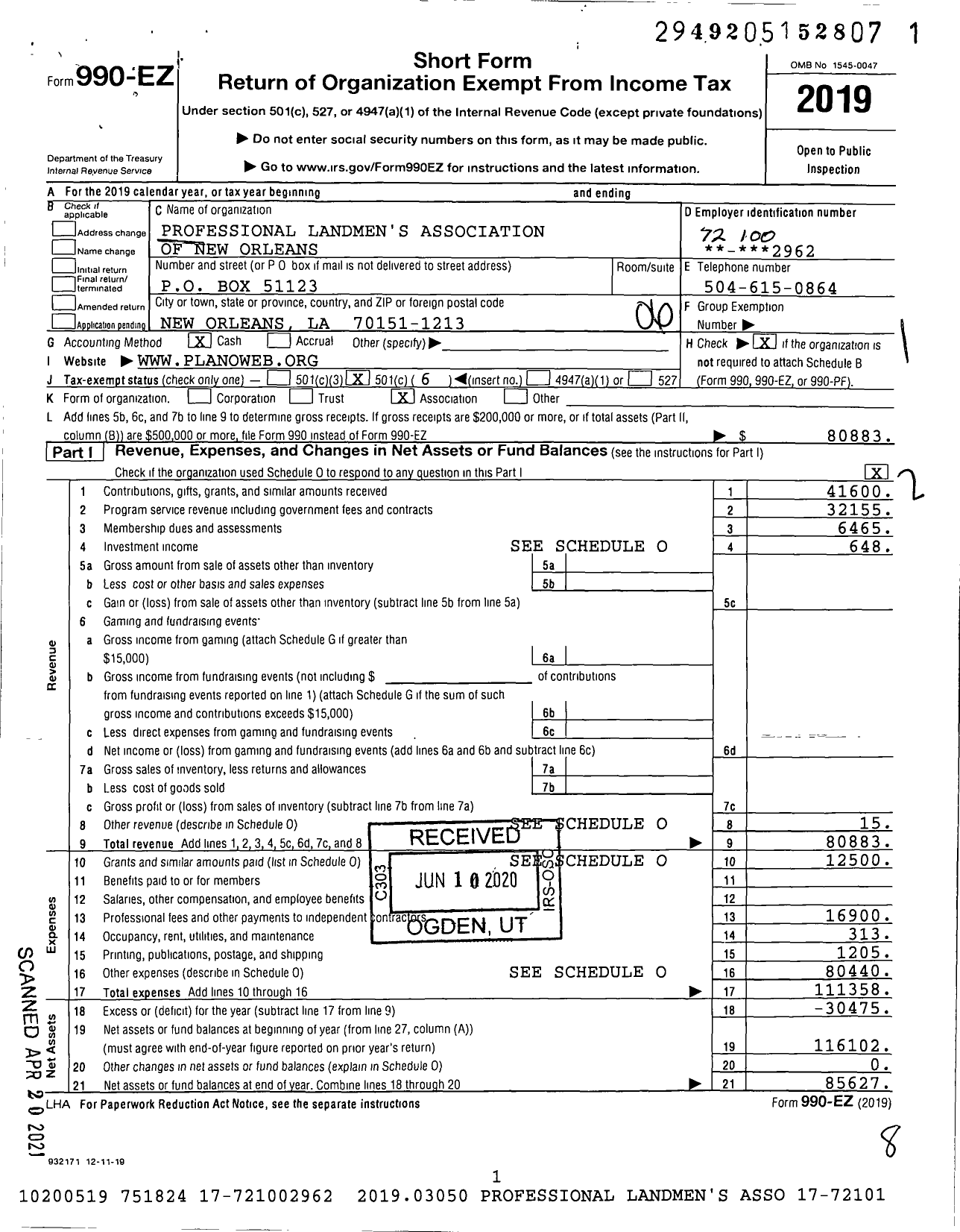 Image of first page of 2019 Form 990EO for Professional Landmens Association of New Orleans