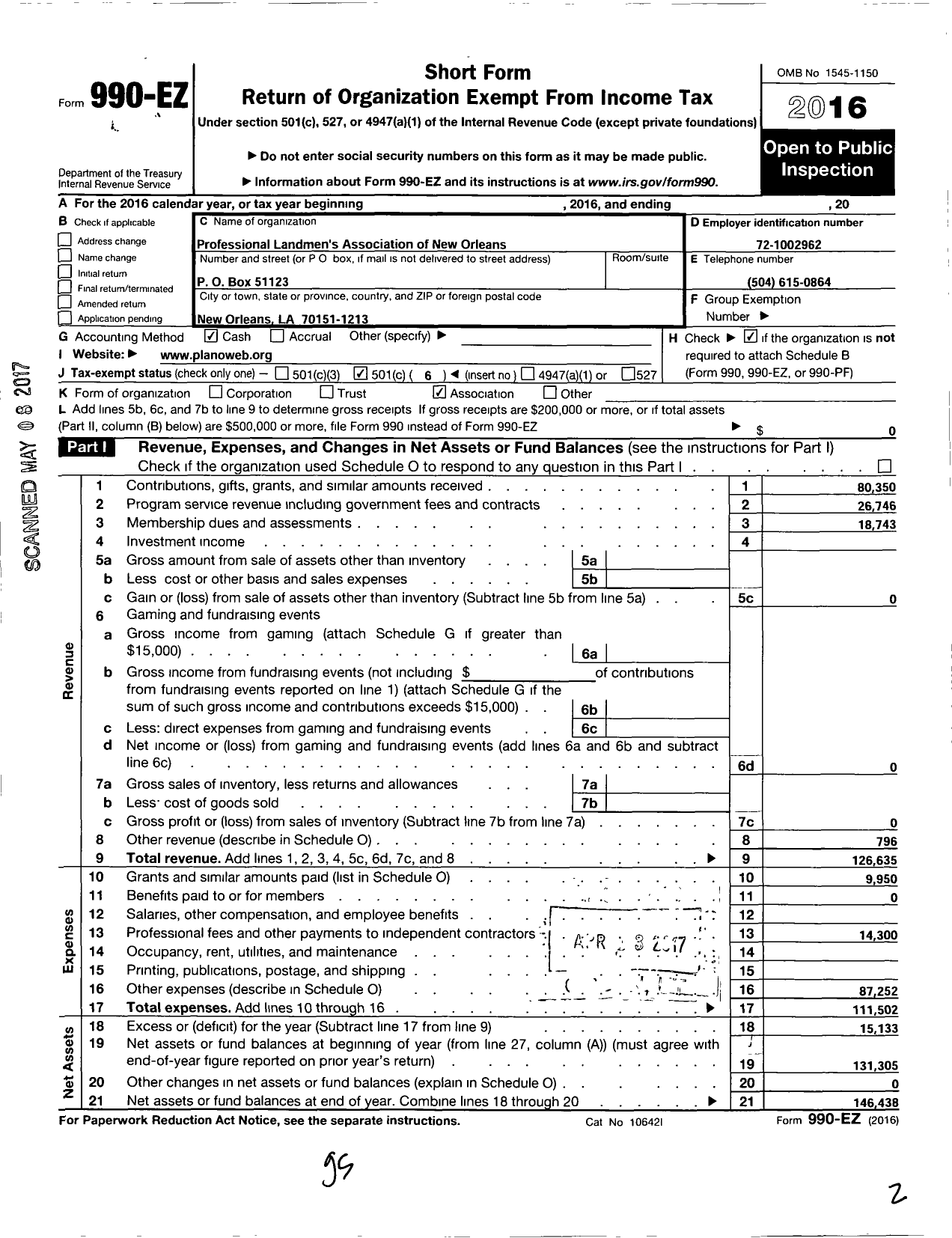 Image of first page of 2016 Form 990EO for Professional Landmens Association of New Orleans