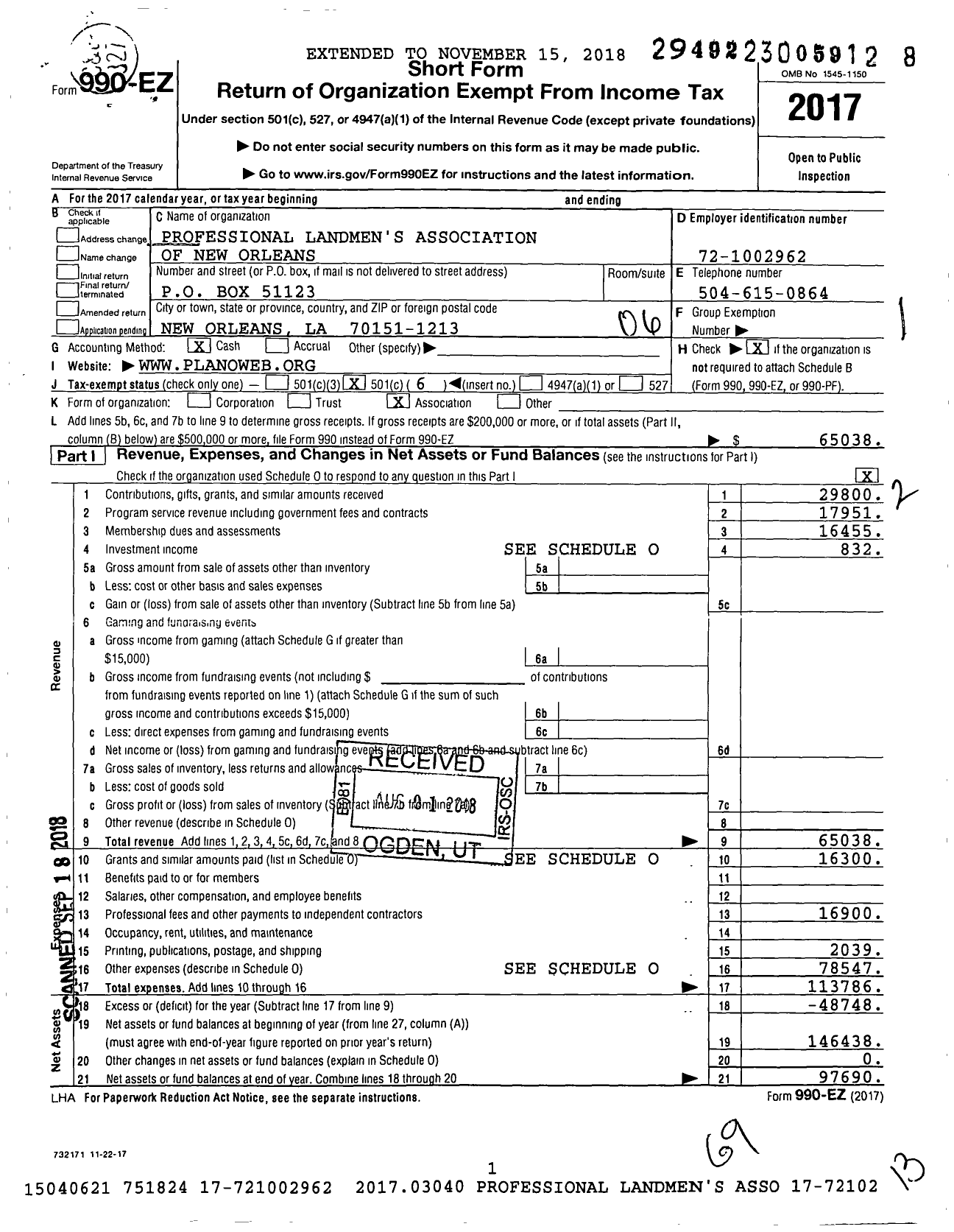 Image of first page of 2017 Form 990EO for Professional Landmens Association of New Orleans