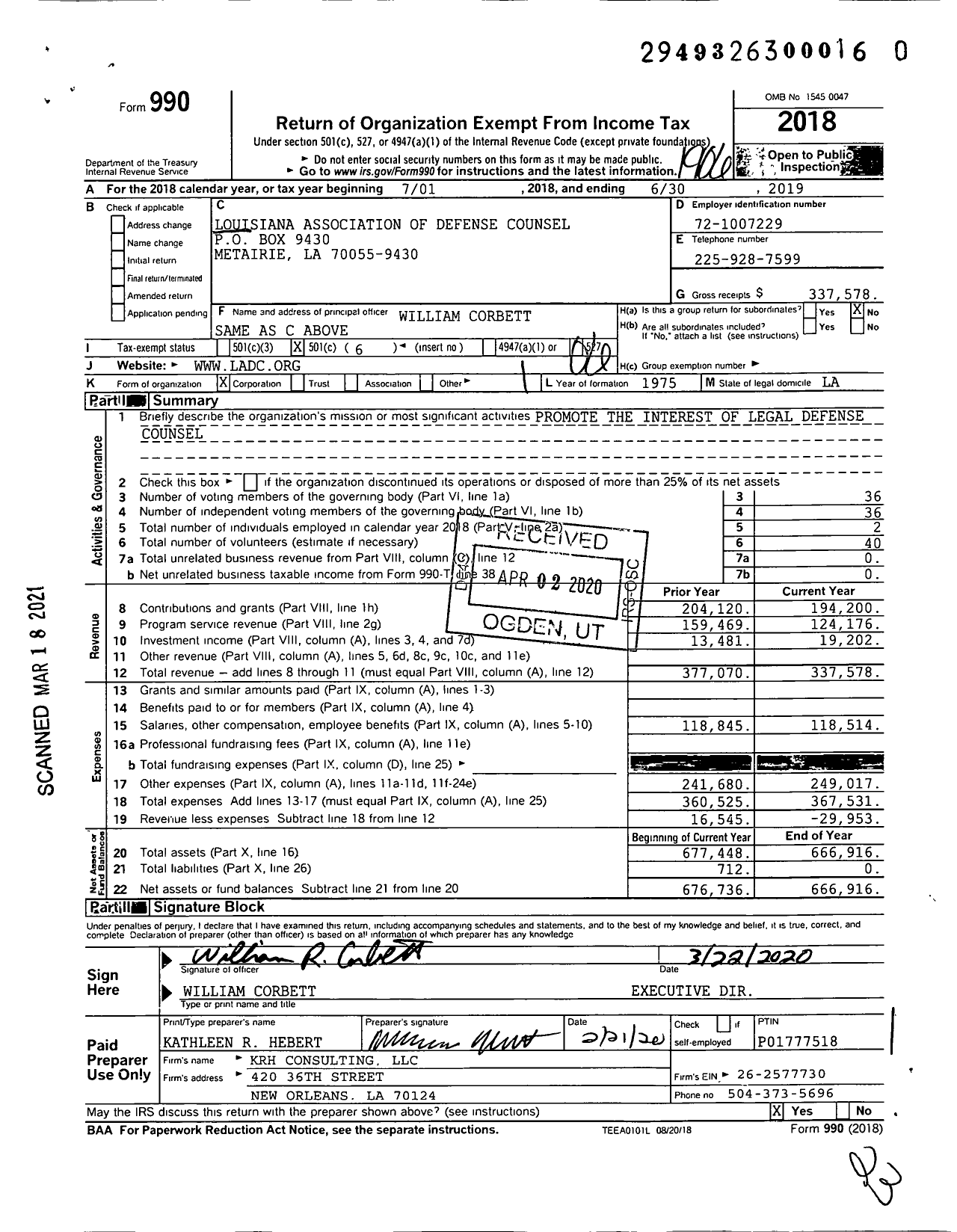 Image of first page of 2018 Form 990O for Louisiana Association of Defense Counsel