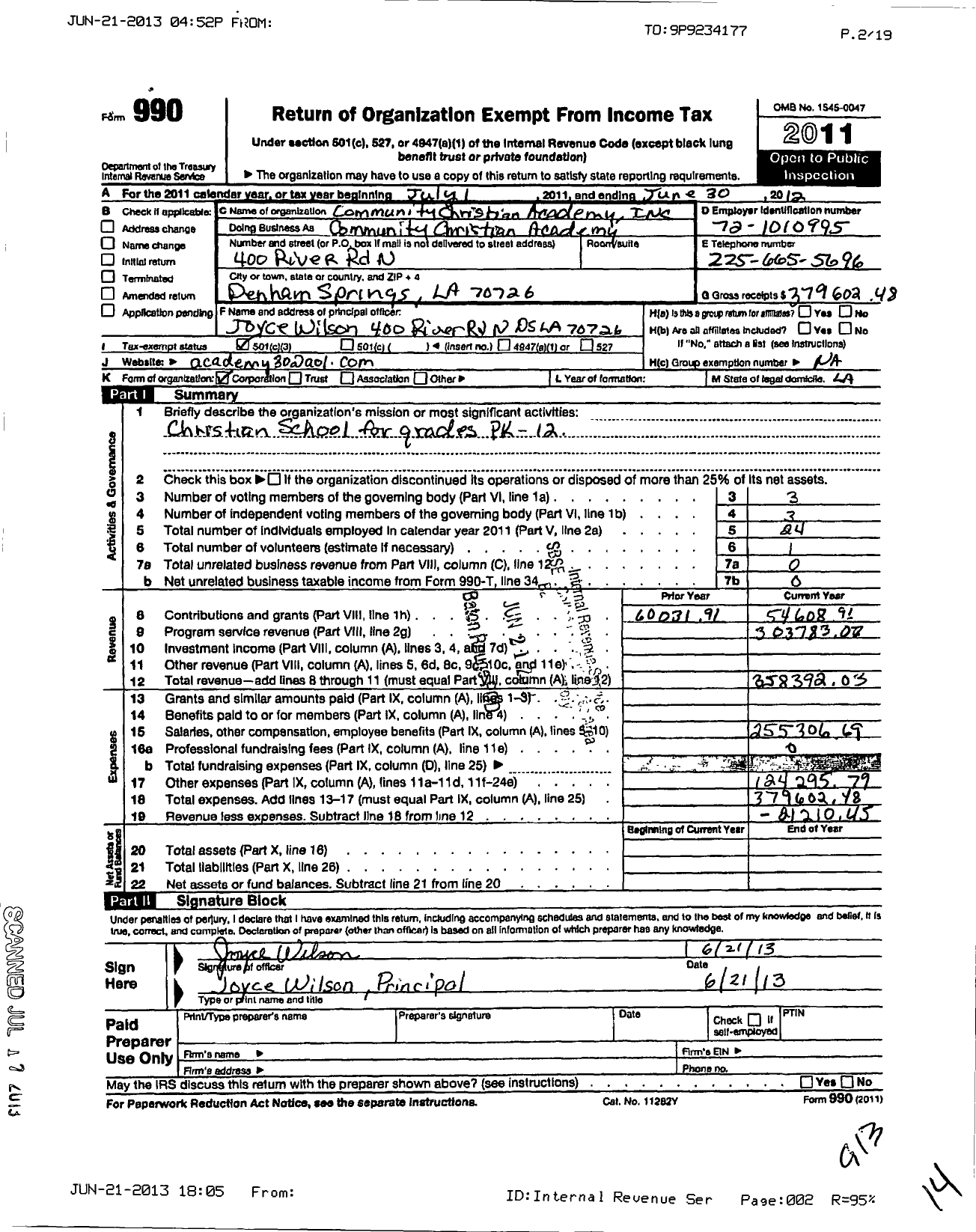 Image of first page of 2011 Form 990 for Community Christian Academy