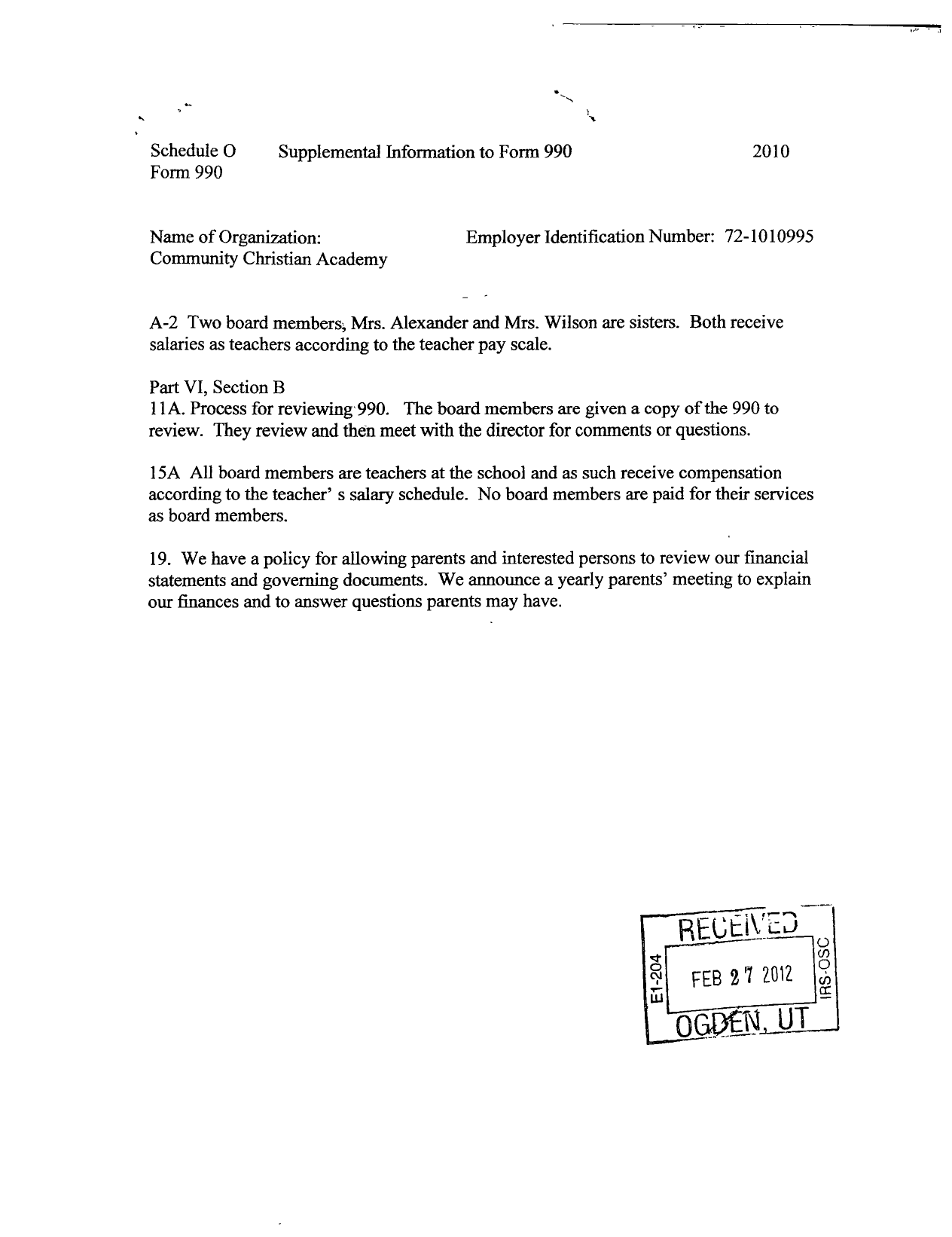Image of first page of 2009 Form 990R for Community Christian Academy