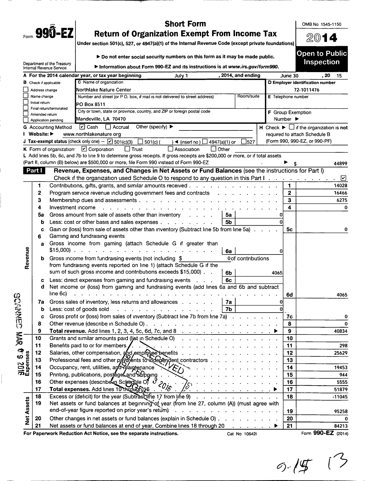 Image of first page of 2014 Form 990EZ for Northlake Nature Center