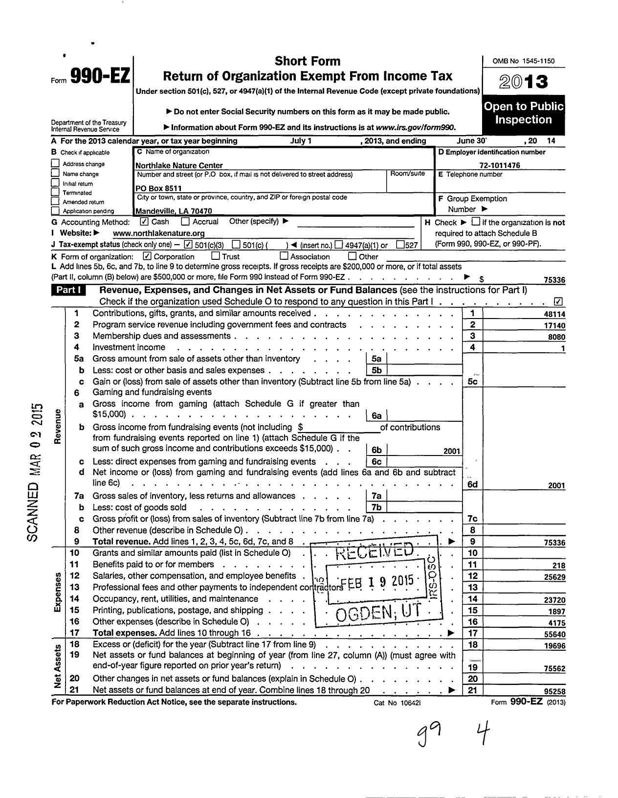 Image of first page of 2013 Form 990EZ for Northlake Nature Center