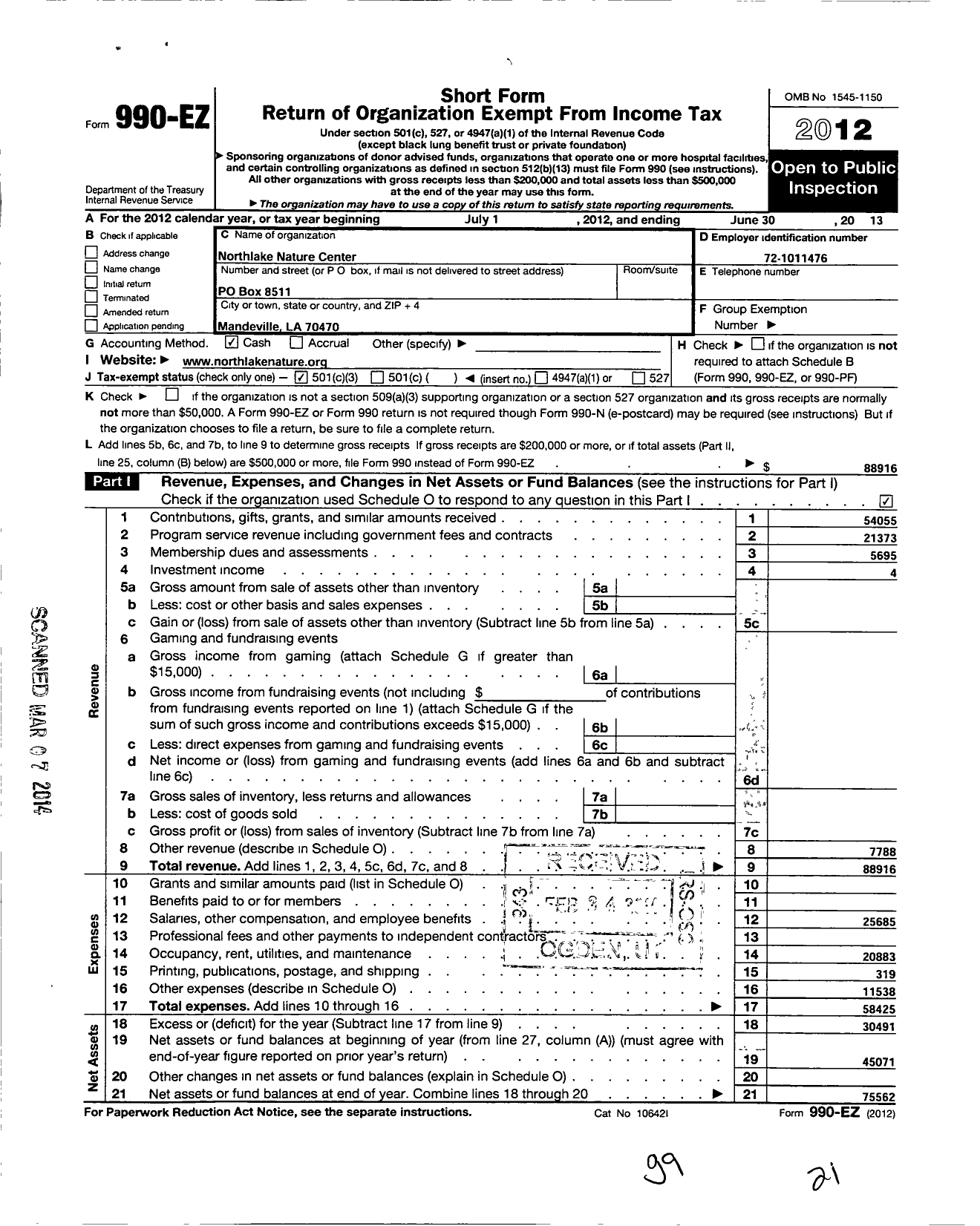 Image of first page of 2012 Form 990EZ for Northlake Nature Center