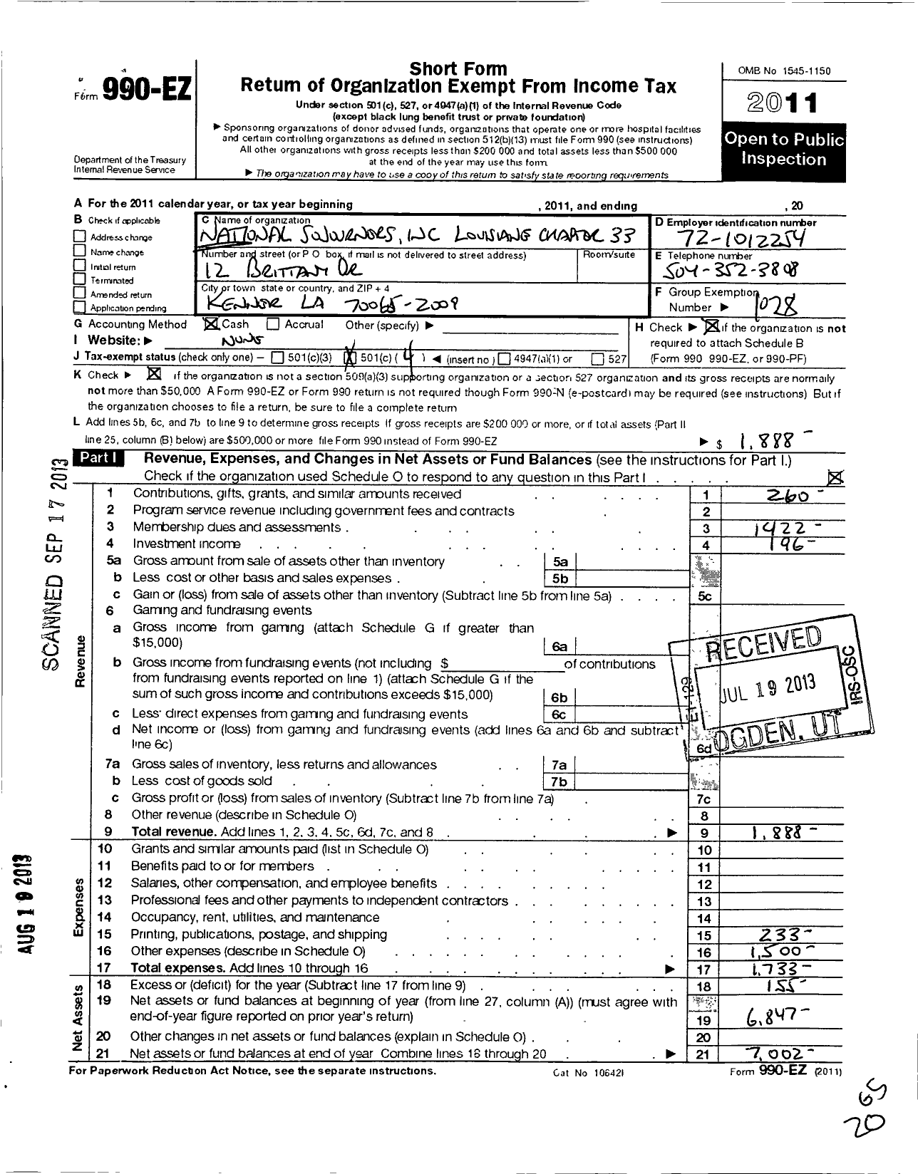 Image of first page of 2011 Form 990EO for National Sojourners - 33 Louisiane Chapter