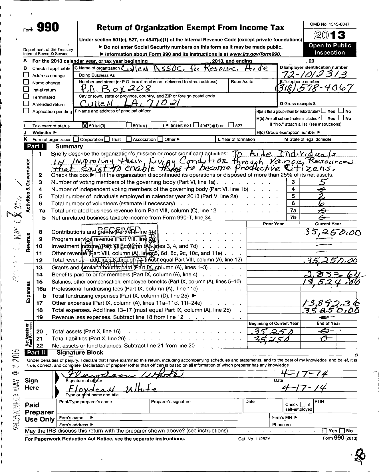 Image of first page of 2013 Form 990 for Cullen Association for Resourcful Aide