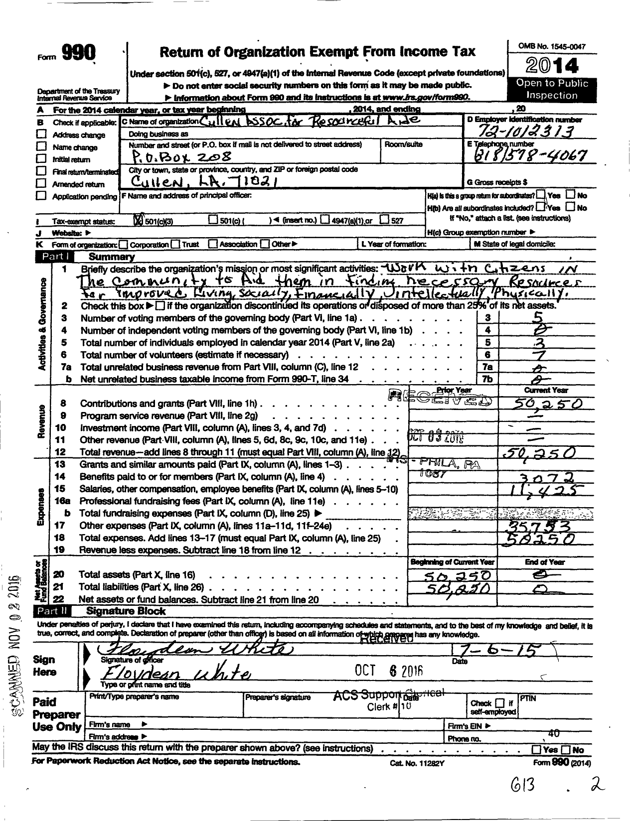 Image of first page of 2014 Form 990 for Cullen Association for Resourcful Aide