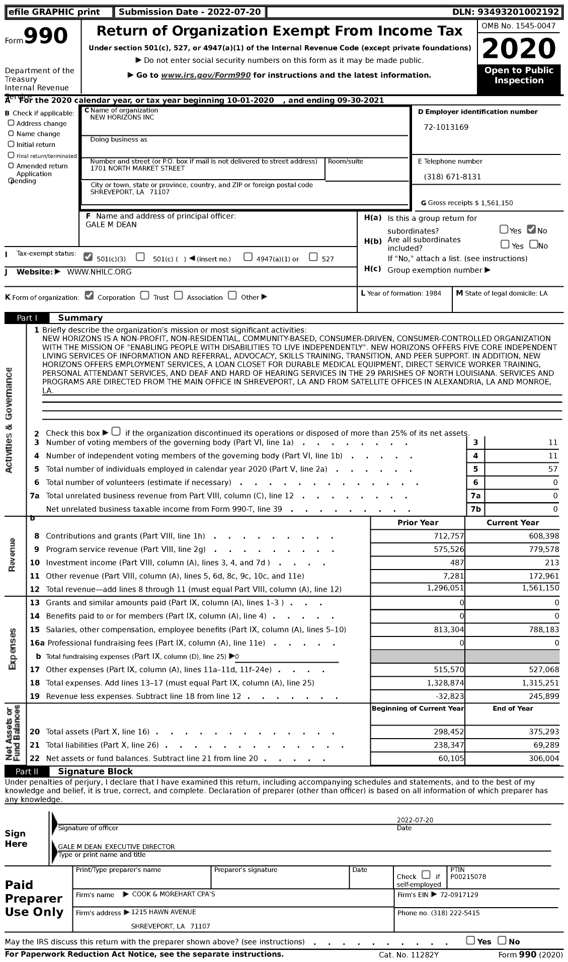 Image of first page of 2020 Form 990 for New Horizons