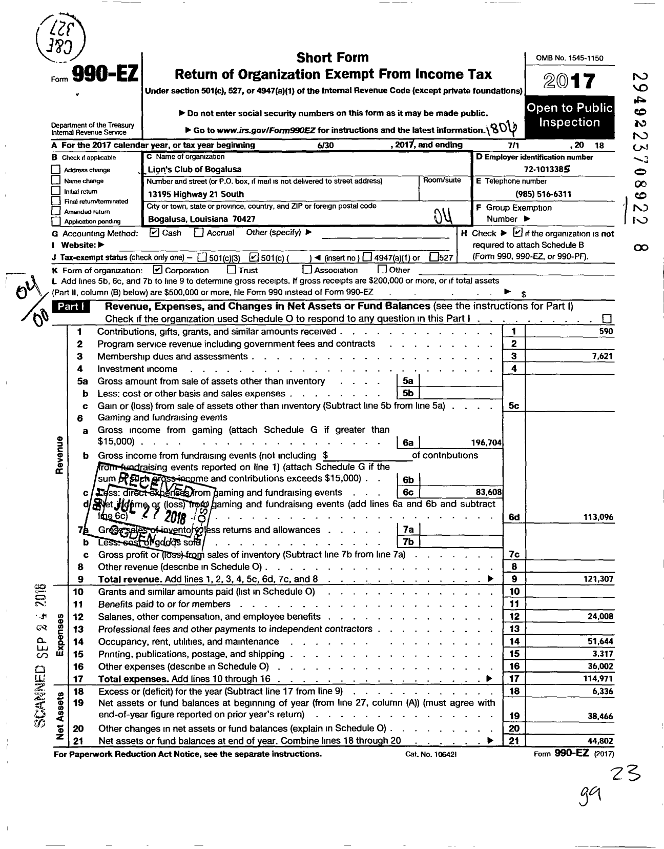 Image of first page of 2017 Form 990EO for Lions Club of Bogalusa