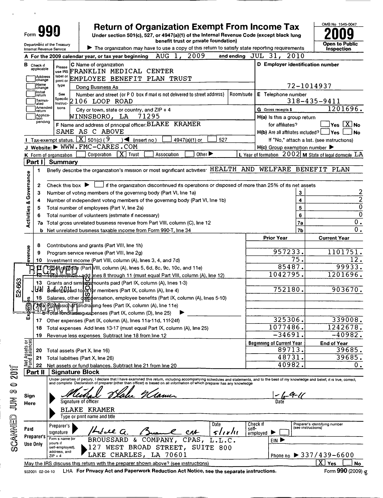 Image of first page of 2009 Form 990O for Franklin Parish Hospital Medical Benefits Plan and Trust Agreement