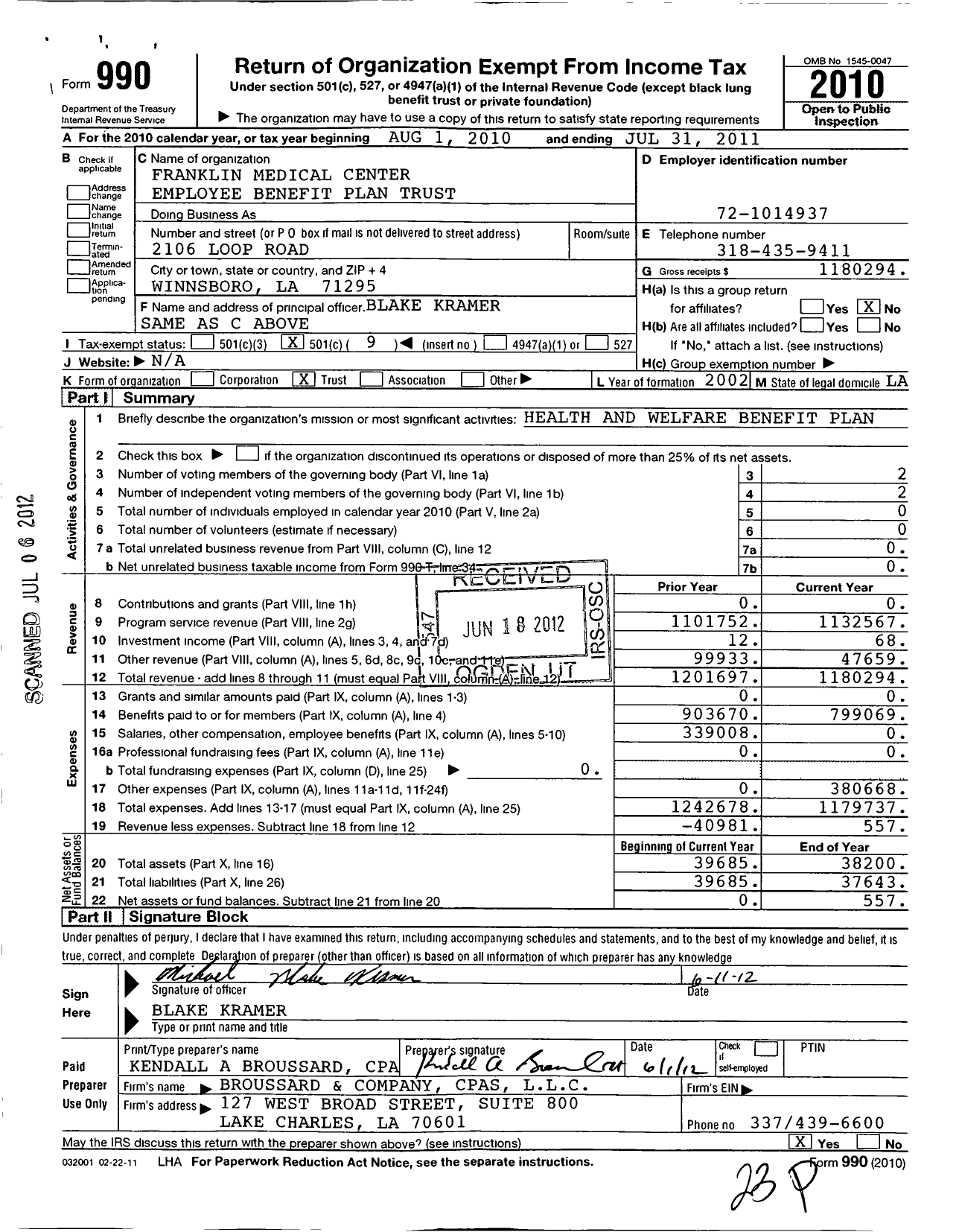 Image of first page of 2010 Form 990O for Franklin Parish Hospital Medical Benefits Plan and Trust Agreement