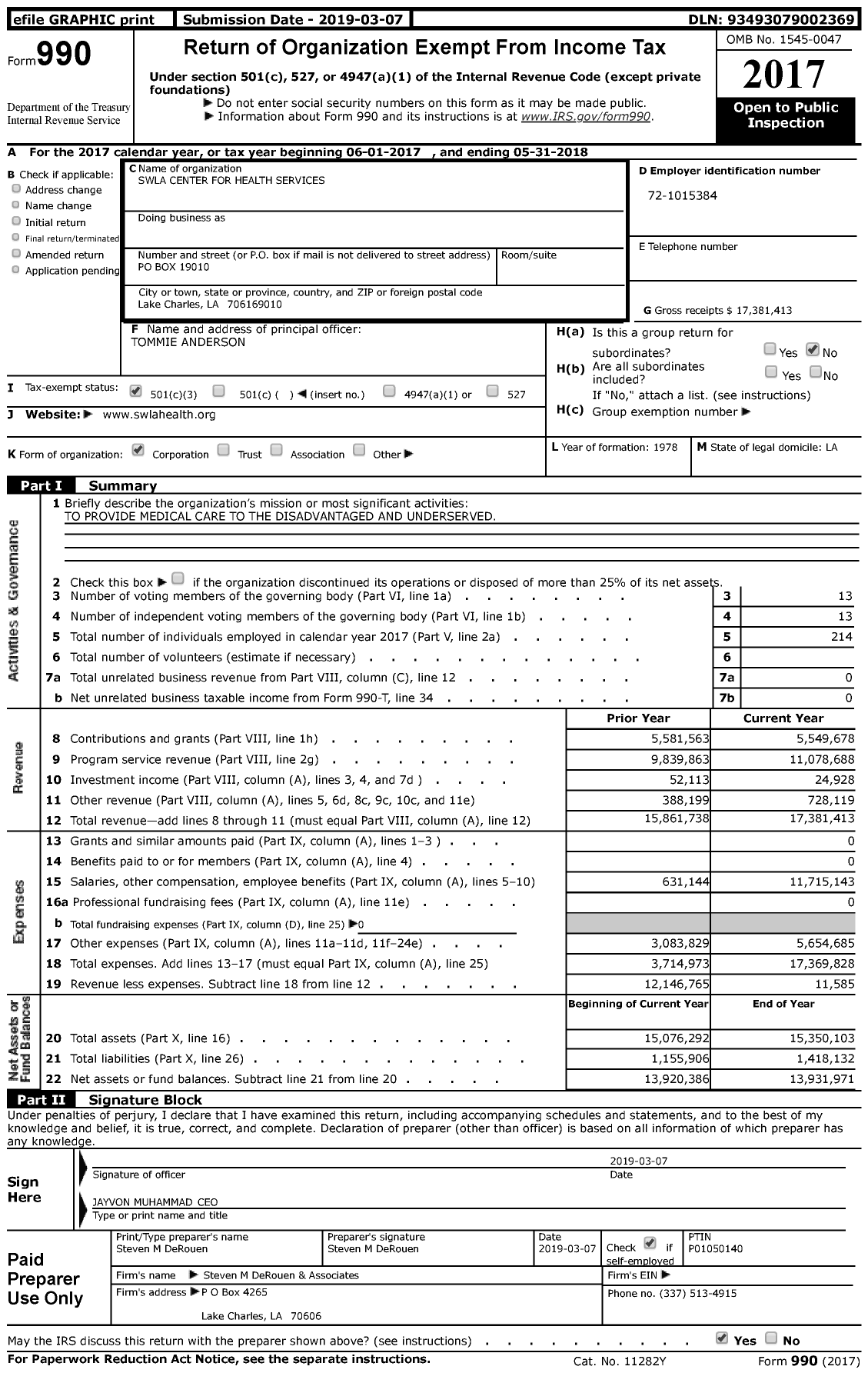 Image of first page of 2017 Form 990 for Swla Center for Health Services