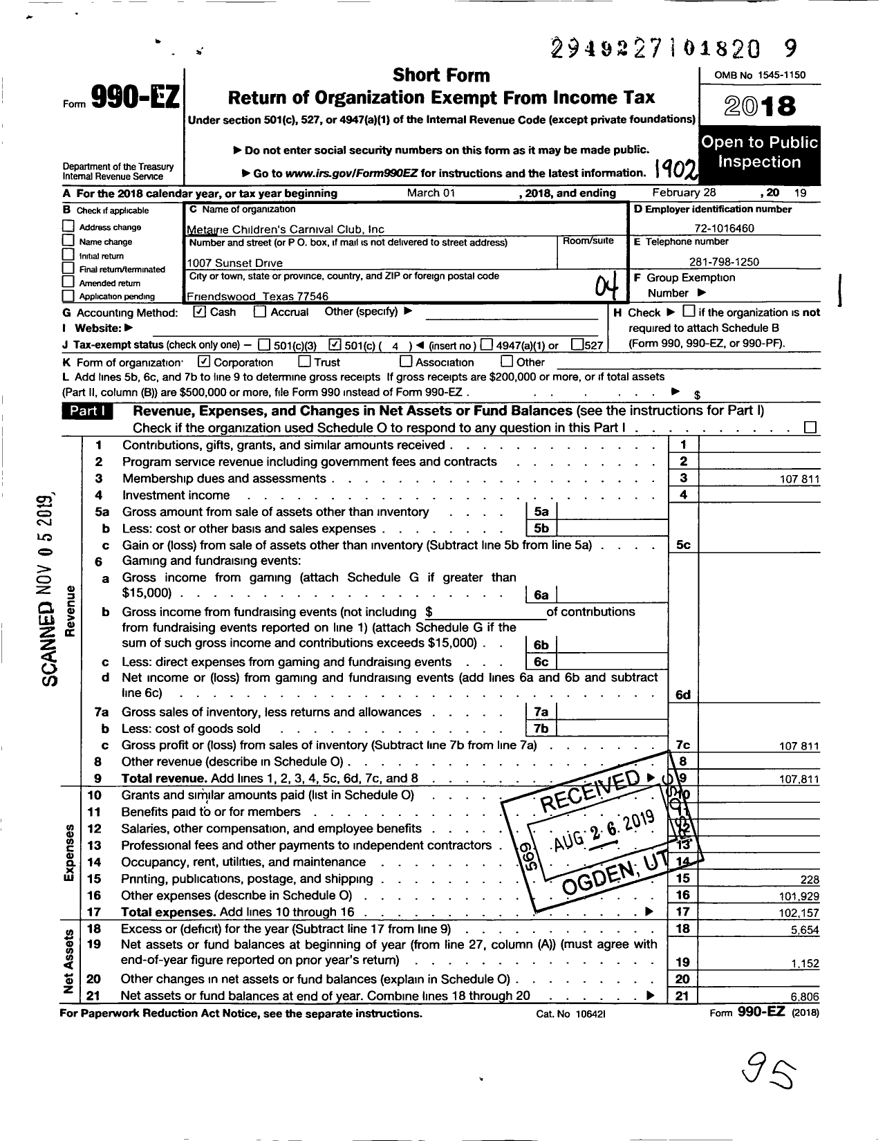 Image of first page of 2018 Form 990EO for Metairie Childrens Carnival Club