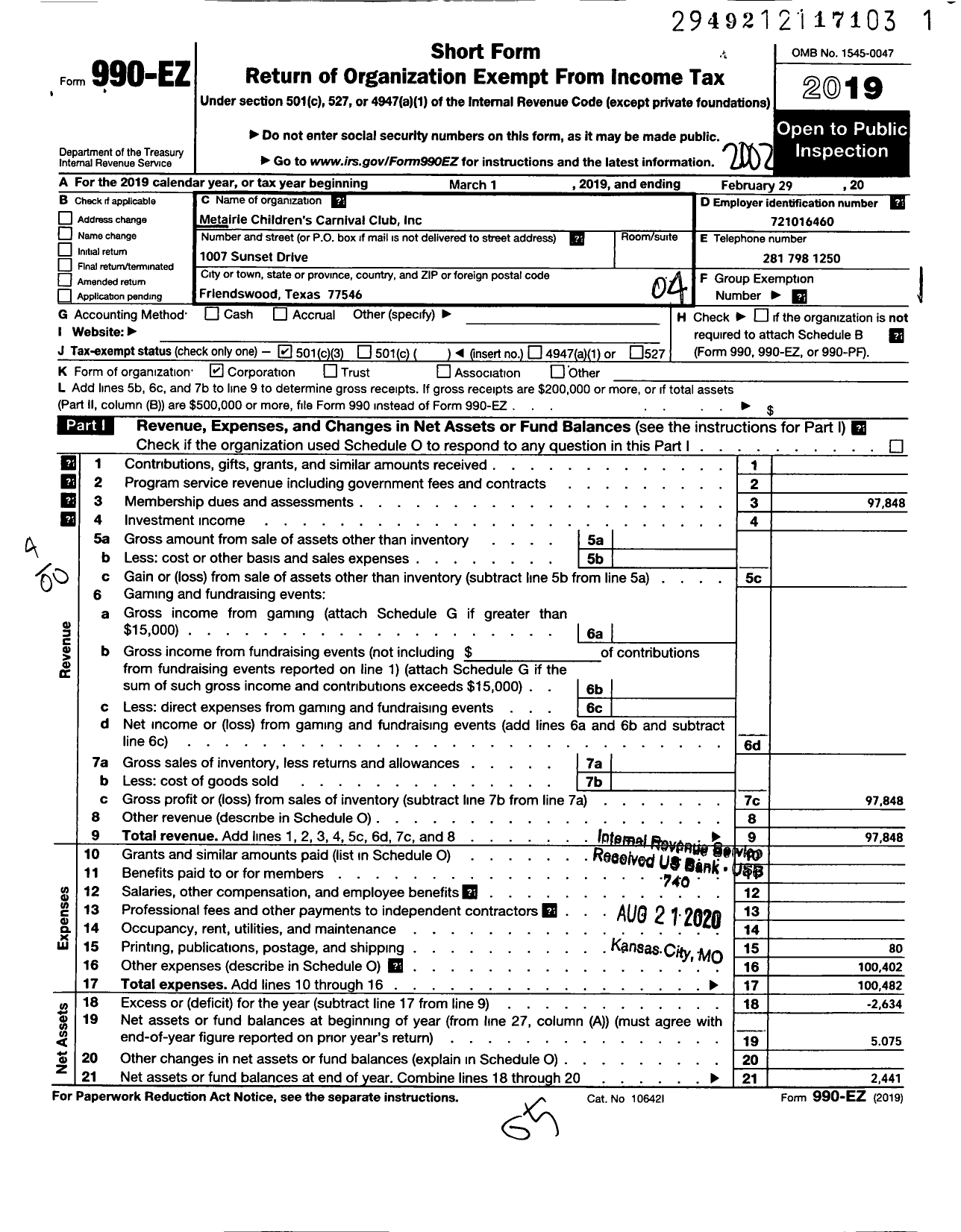 Image of first page of 2019 Form 990EO for Metairie Childrens Carnival Club