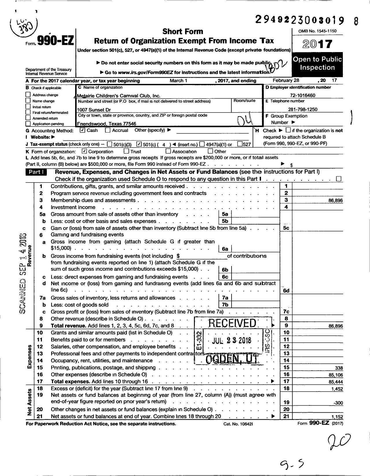 Image of first page of 2017 Form 990EO for Metairie Childrens Carnival Club