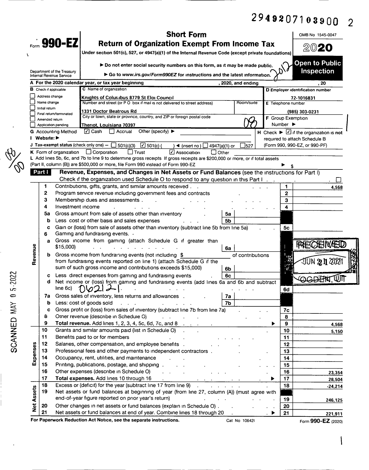 Image of first page of 2020 Form 990EO for Knights of Columbus - 8779 St Eloi Council