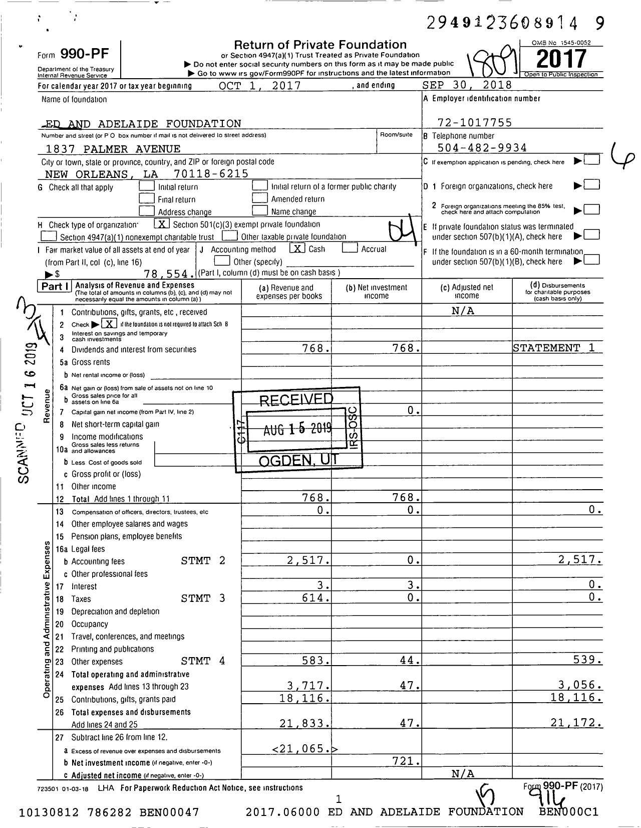 Image of first page of 2017 Form 990PF for Ed and Adelaide Foundation