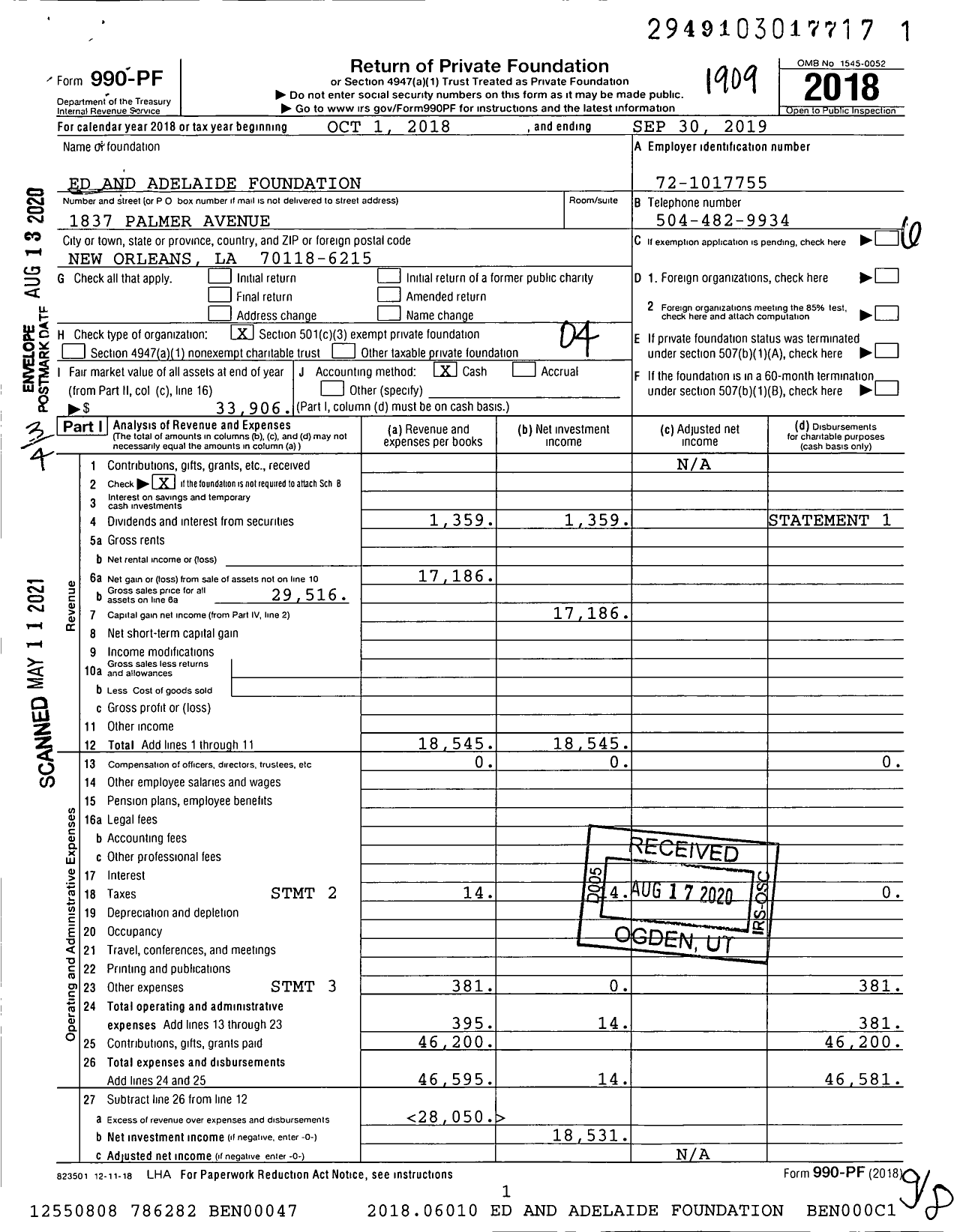 Image of first page of 2018 Form 990PF for Ed and Adelaide Foundation