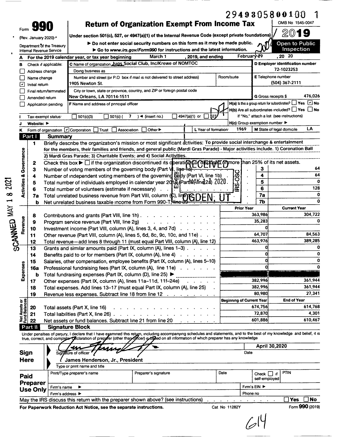 Image of first page of 2019 Form 990O for Jugs Social Club Krewe of Nomtoc