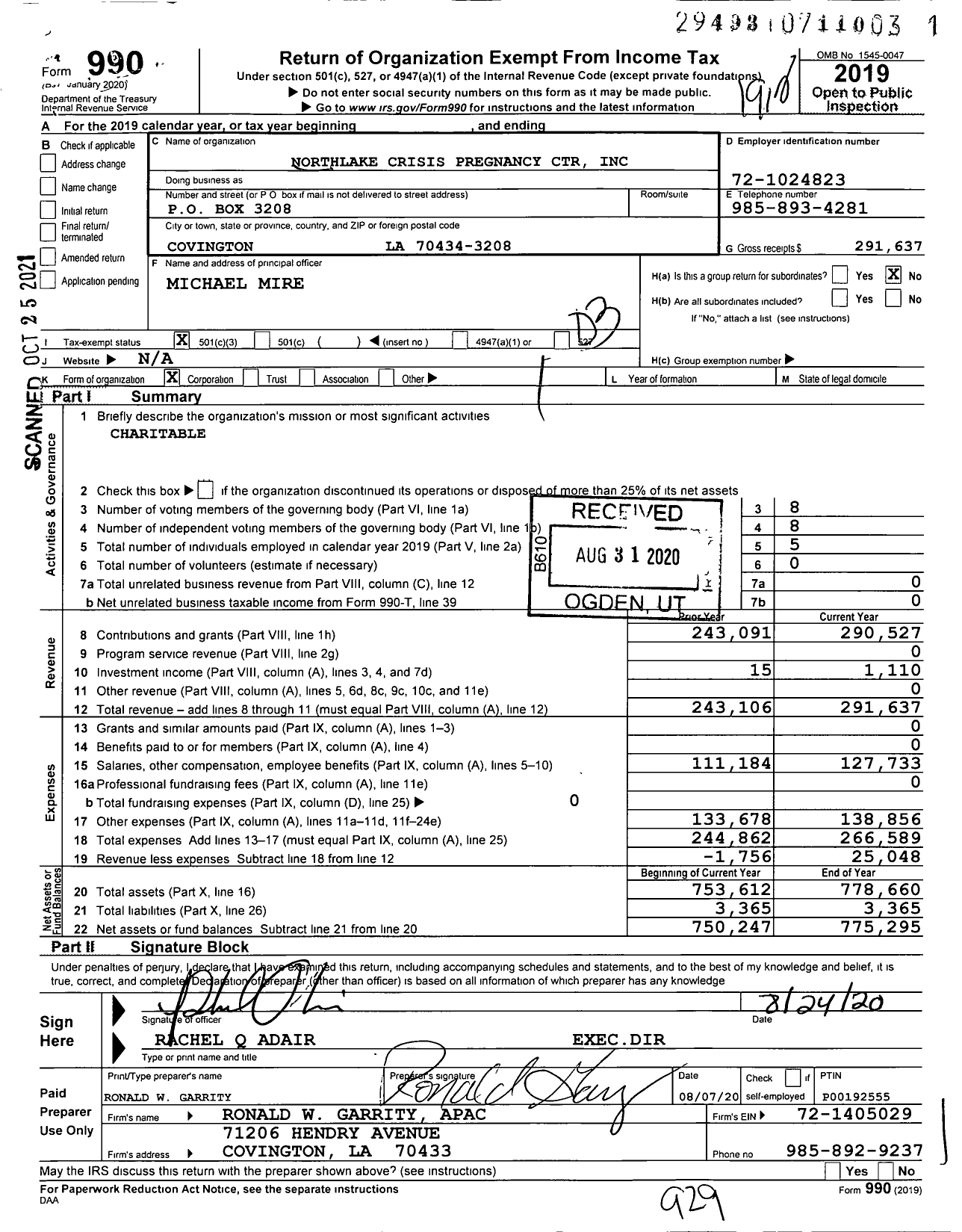 Image of first page of 2019 Form 990 for Northlake Crisis Pregnancy Center